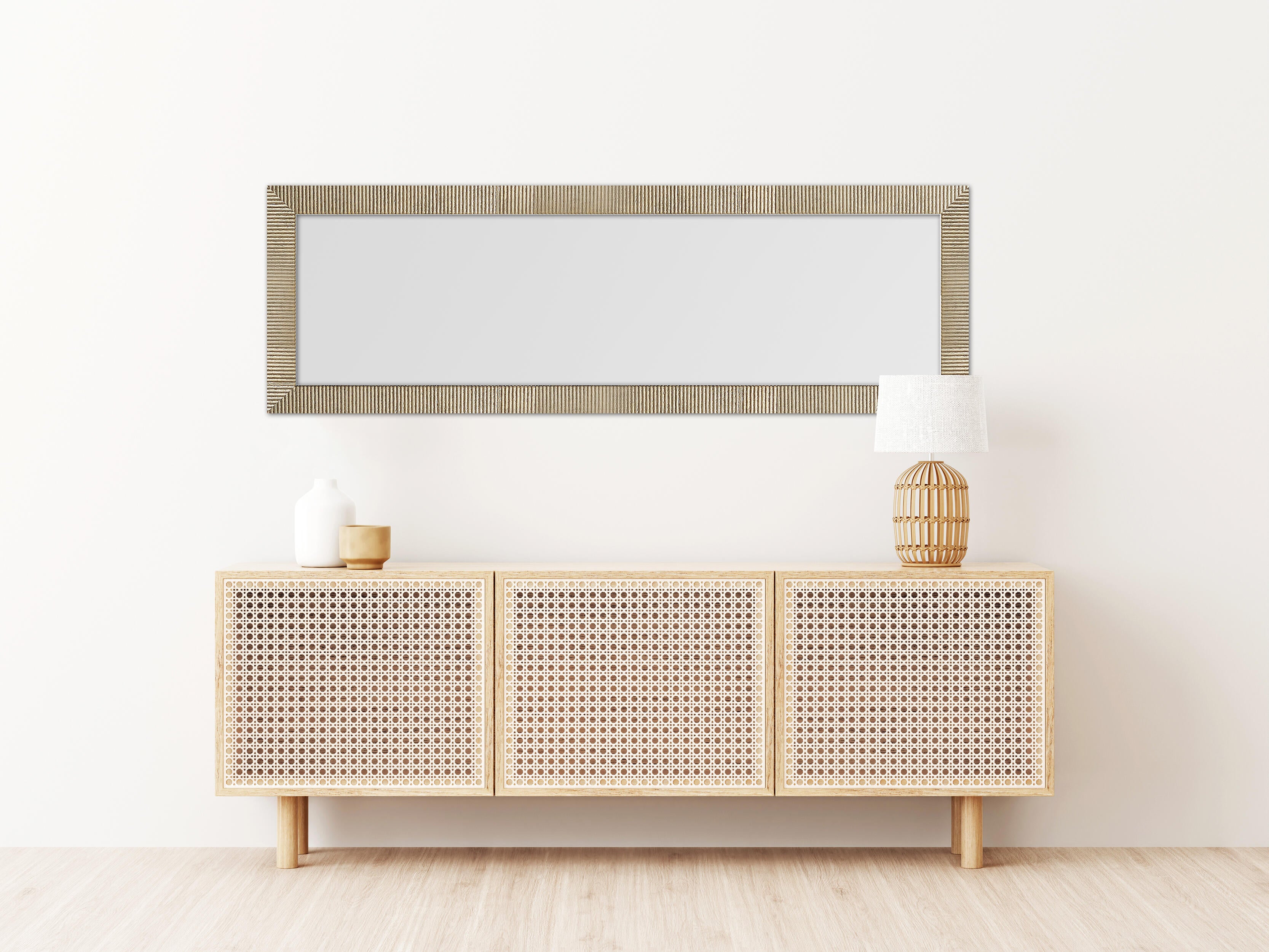 Espejo enmarcado de pared rectangular Relieve rayas MDF oro mate  de 49 x 151 cm - 2