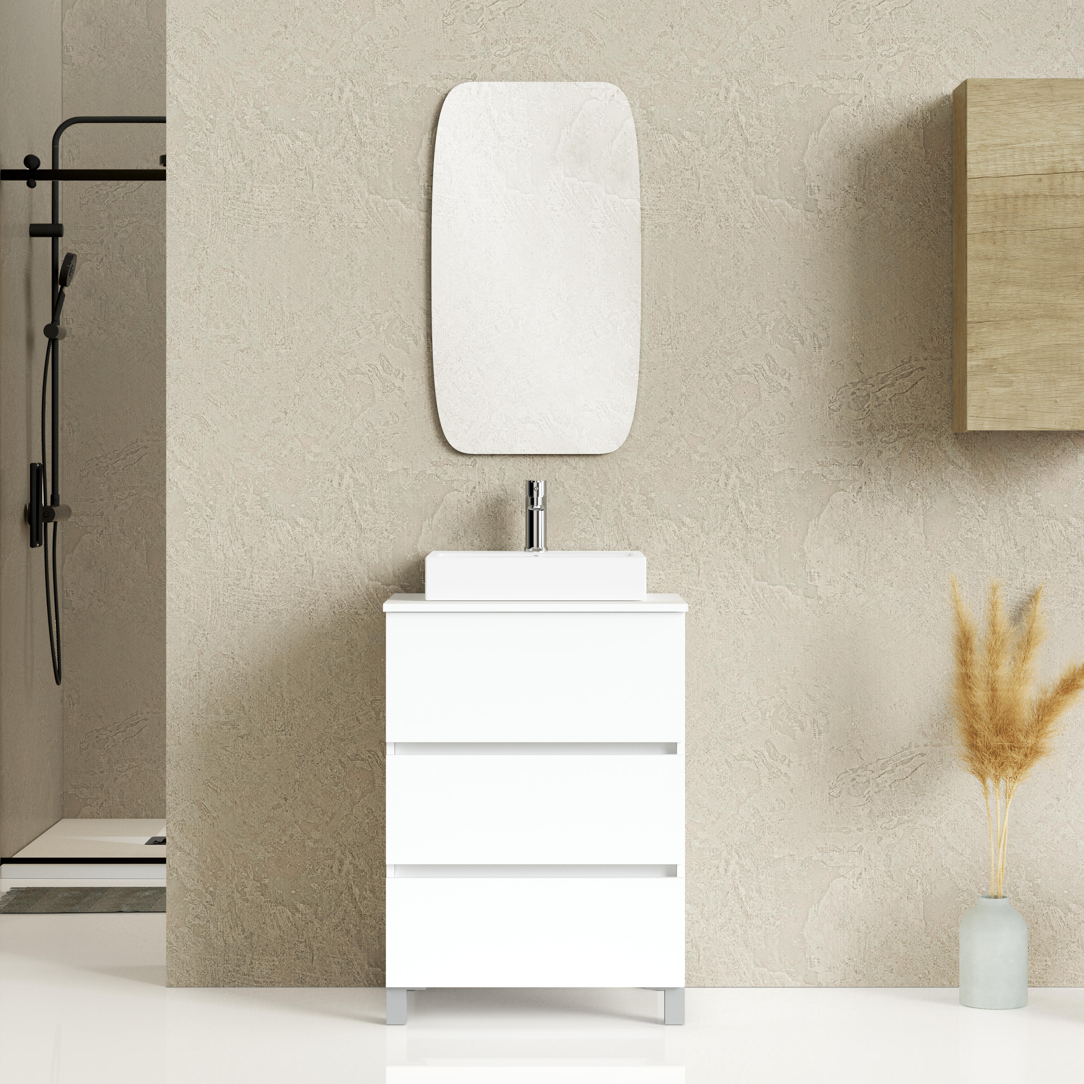 Mueble de baño con lavabo y espejo trío blanco satinado 60x44.6 cm