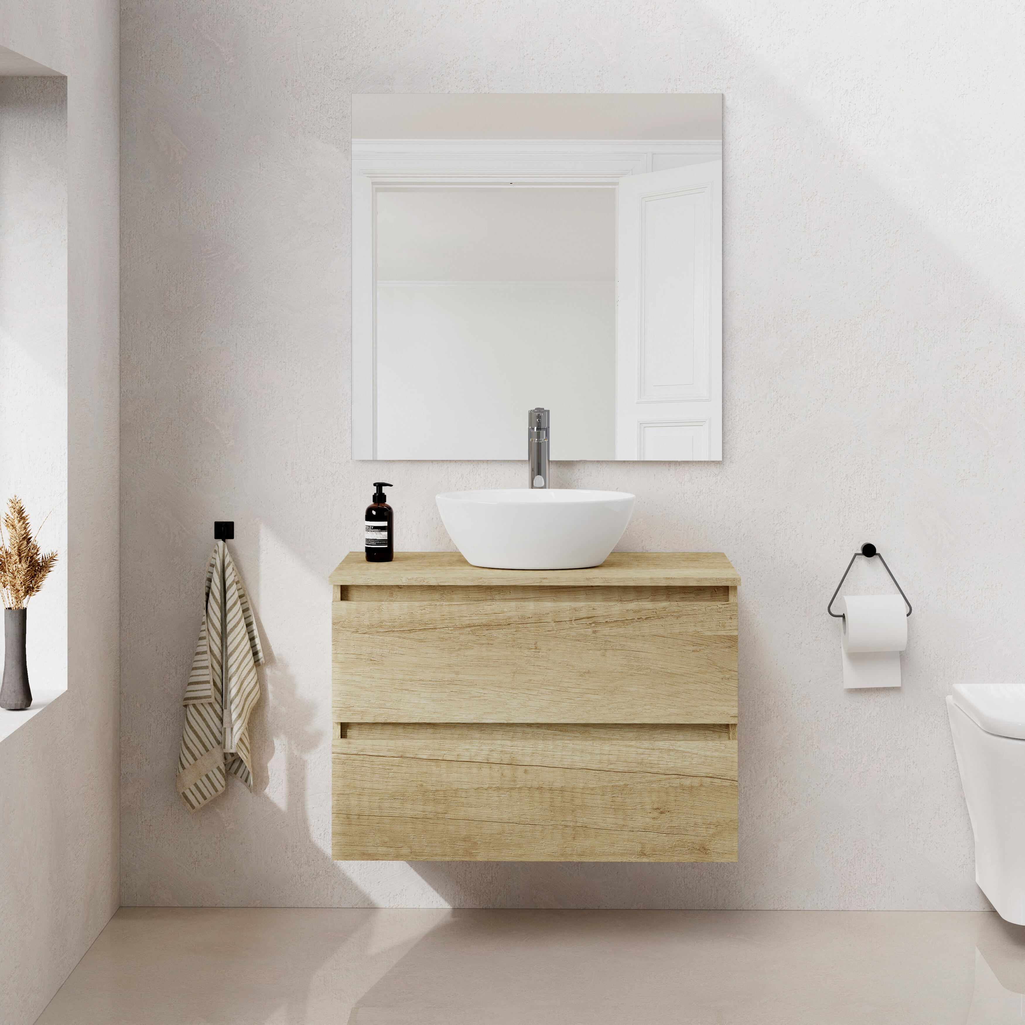 Mueble de baño con lavabo sand y espejo castaño 70x46 cm