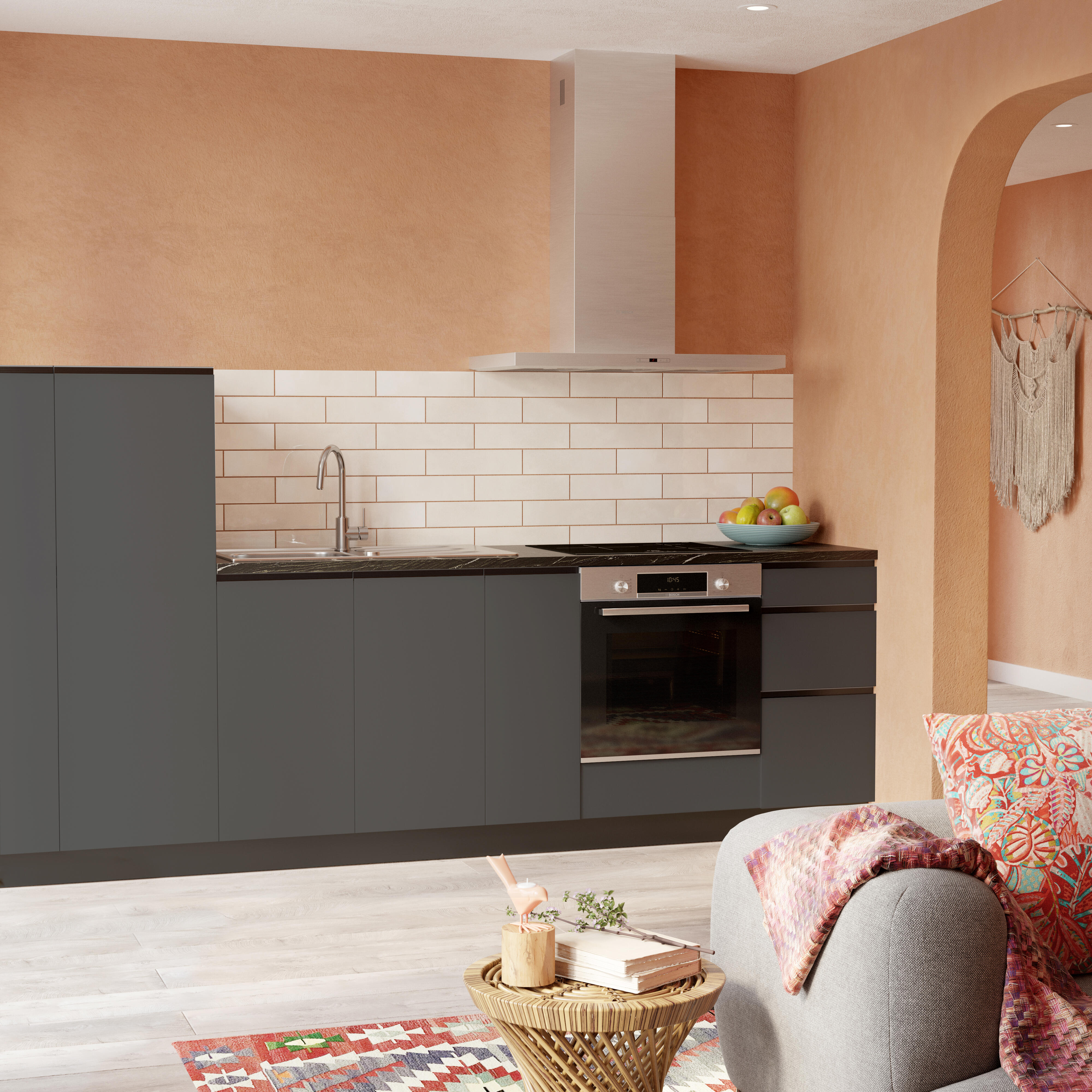 Cocina en kit antracita 300 cm con 2 semicolumnas + 4 módulos bajos