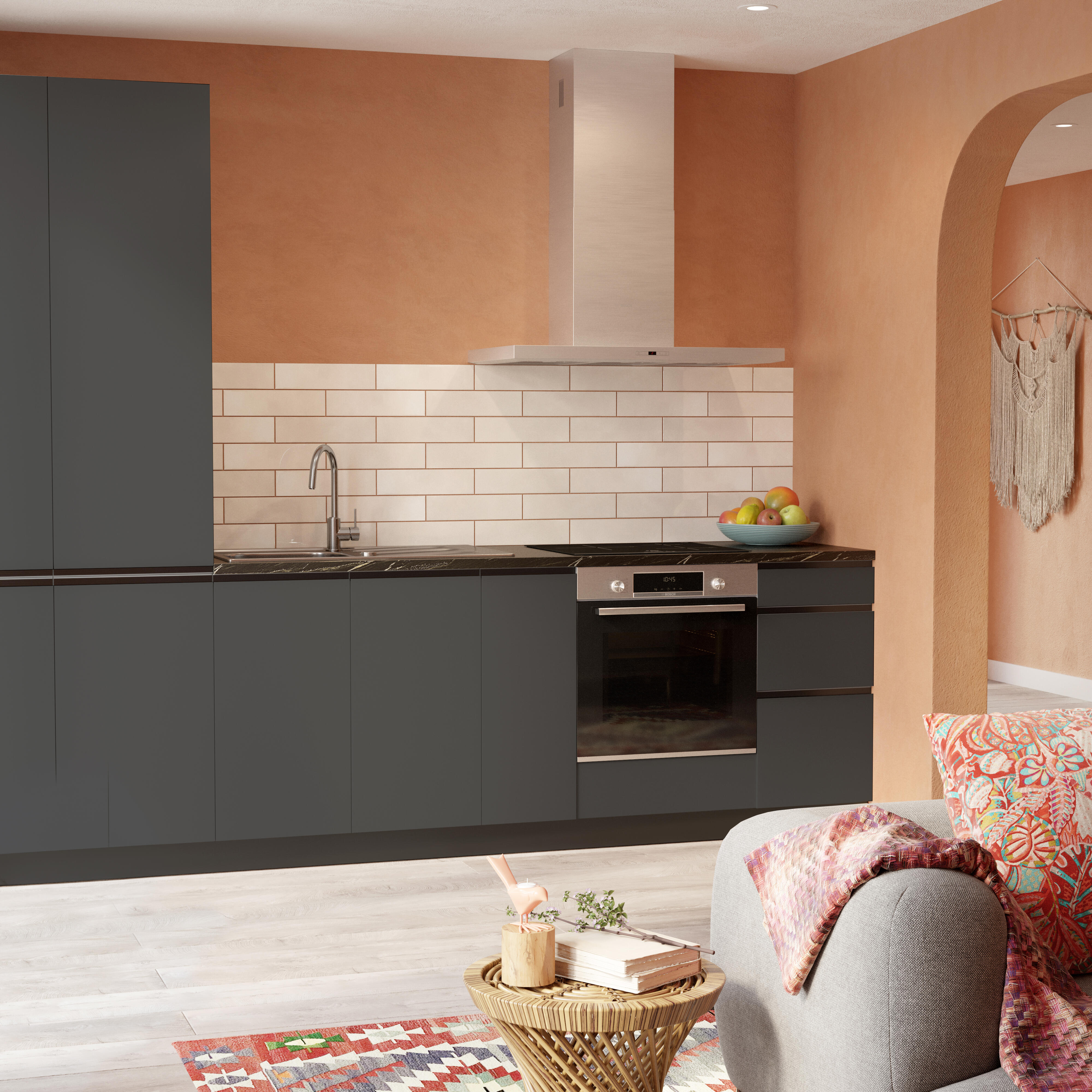 Cocina en kit antracita 300 cm con 2 columnas + 4 módulos bajos