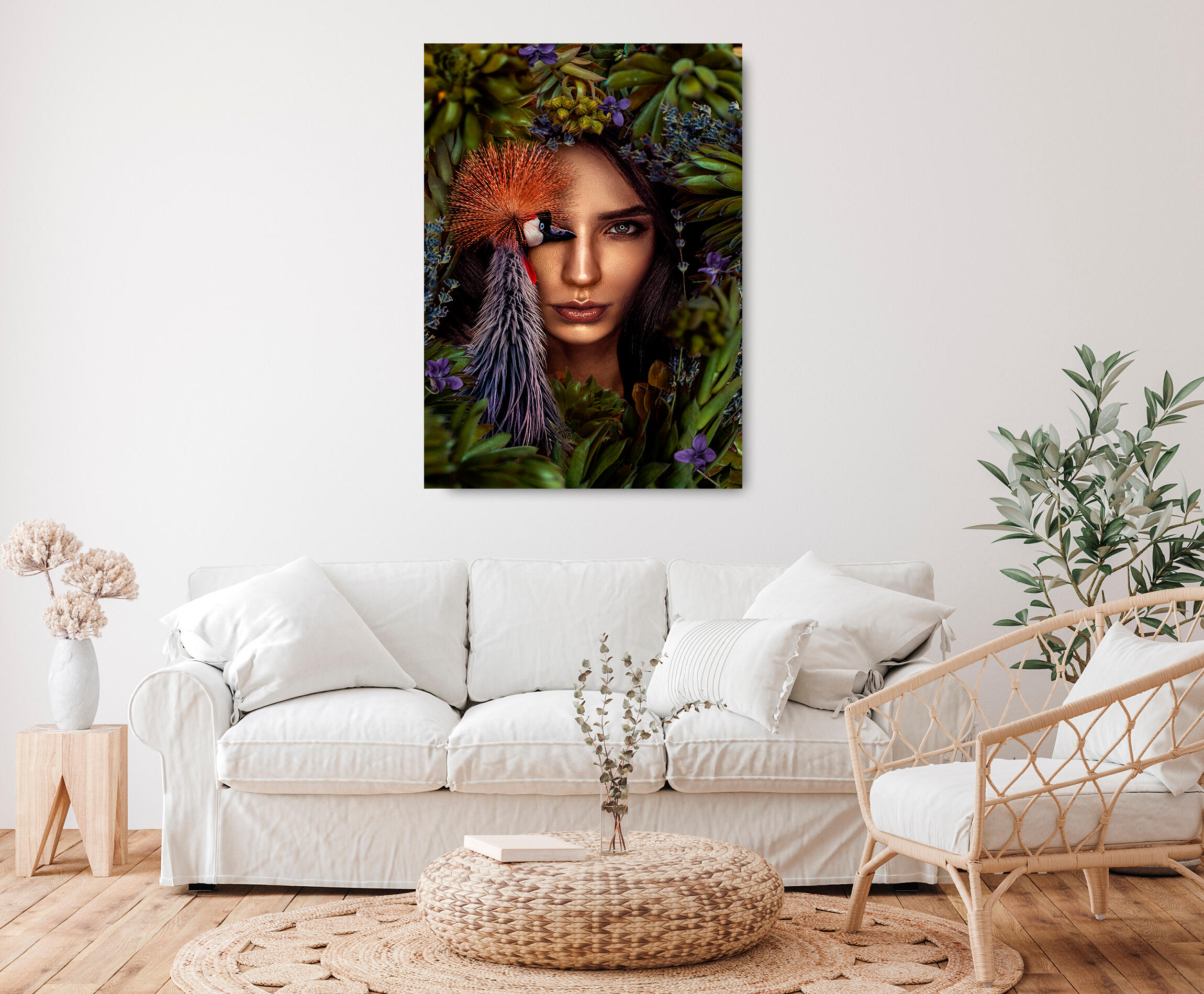 Pintura impresa brillo mujer y pavo 100x140 cm