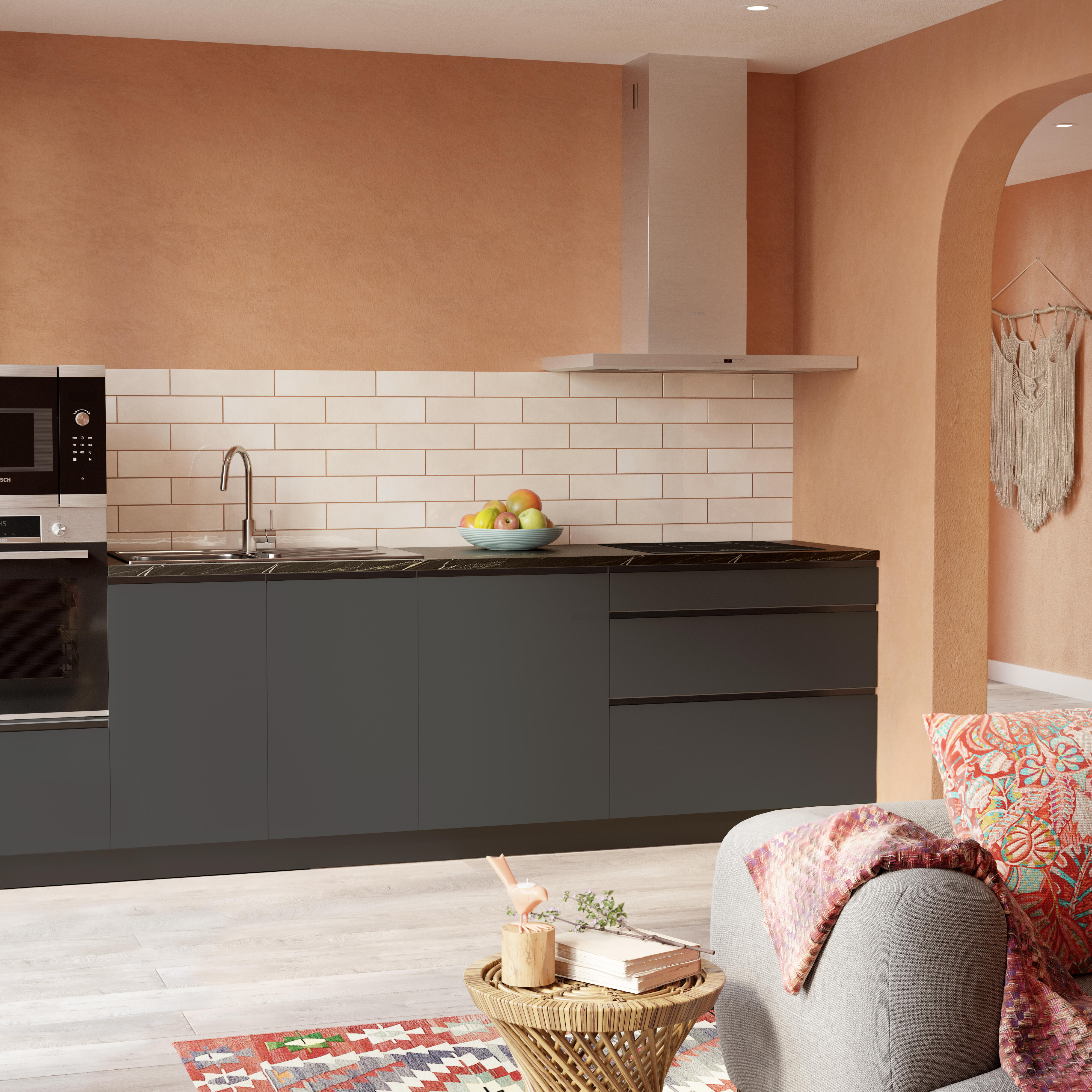 Cocina en kit antracita 300 cm con semicolumna + 3 módulos bajos