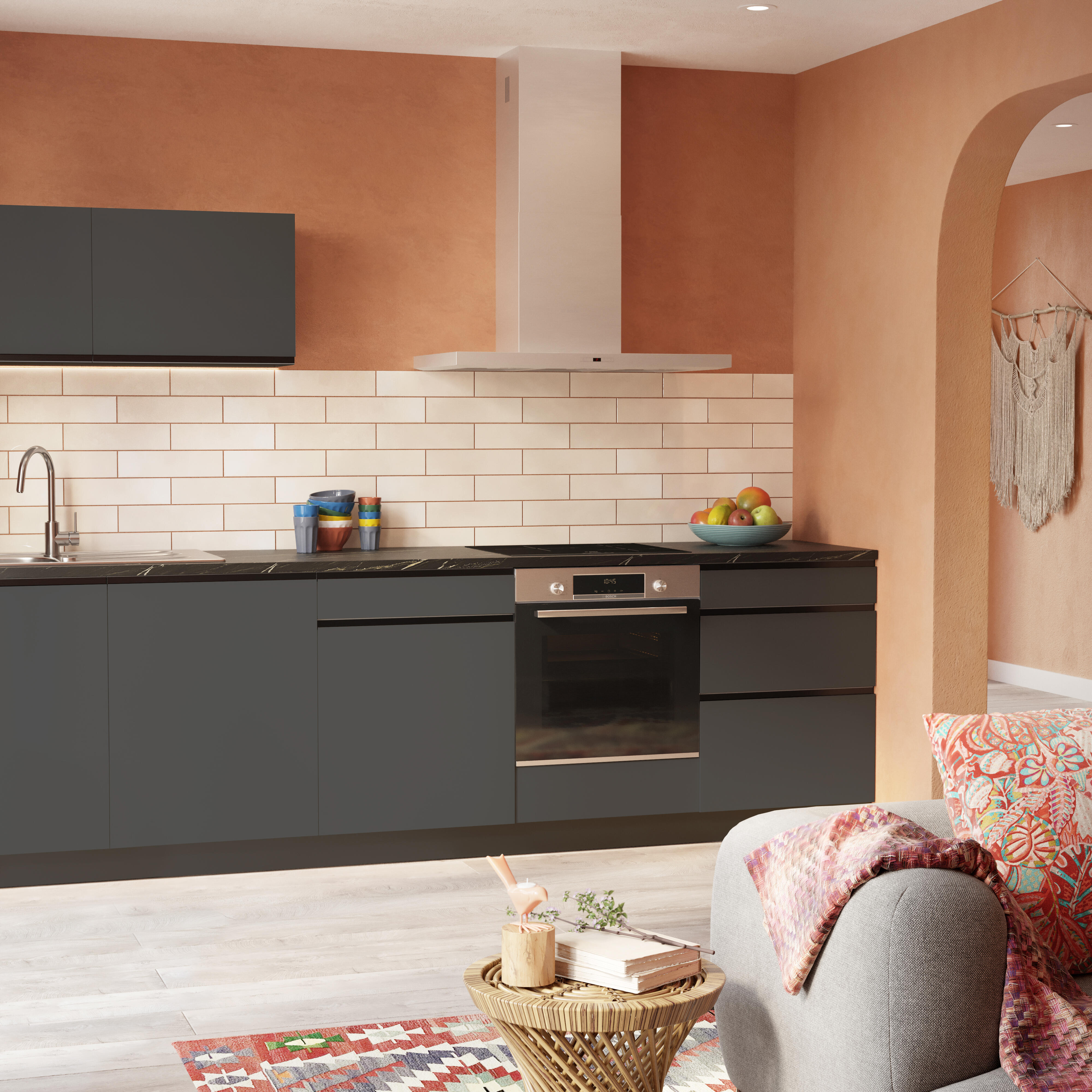 Cocina en kit antracita 300 cm con 2 módulos altos horizontal + 5 módulos bajos