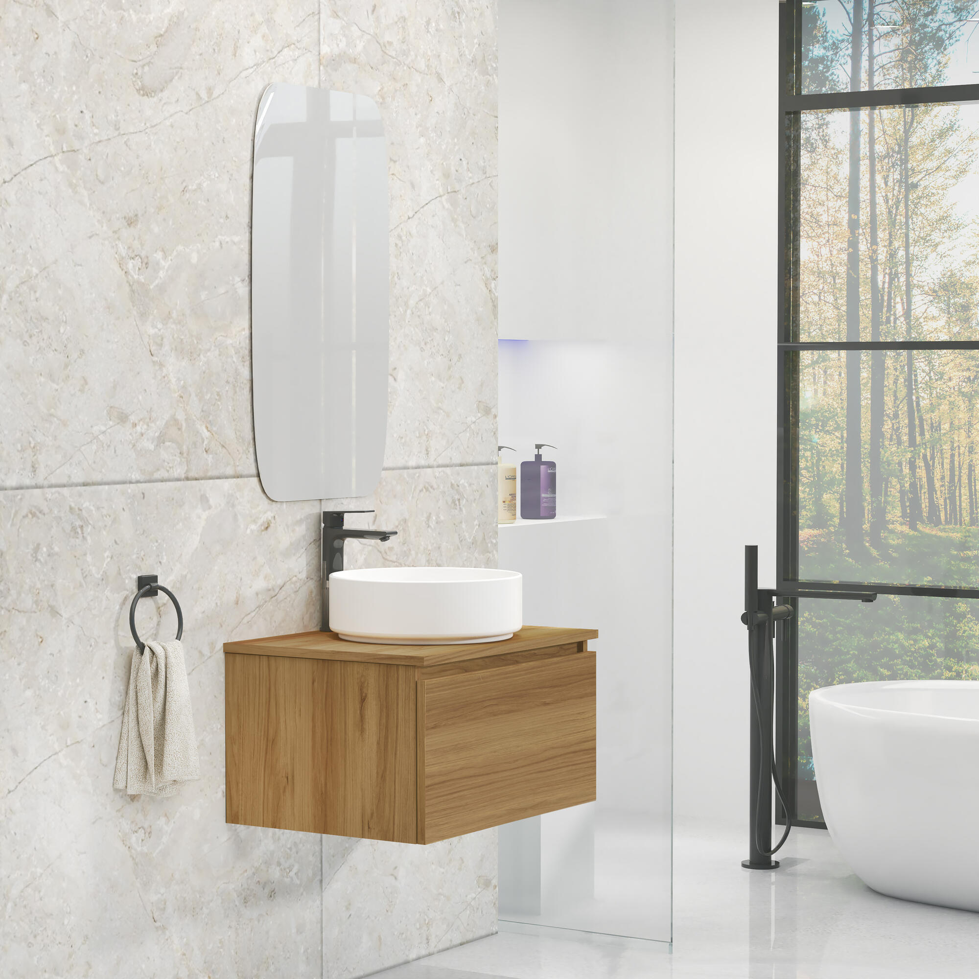 Pack de mueble de baño con lavabo y espejo toko teca natural satinado 60x44.6 c