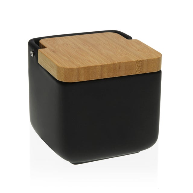 Saleiro cerâmico quadrado preto tampa de bambu 11,8 x 11,7 x 11,2 cm Versa Quo