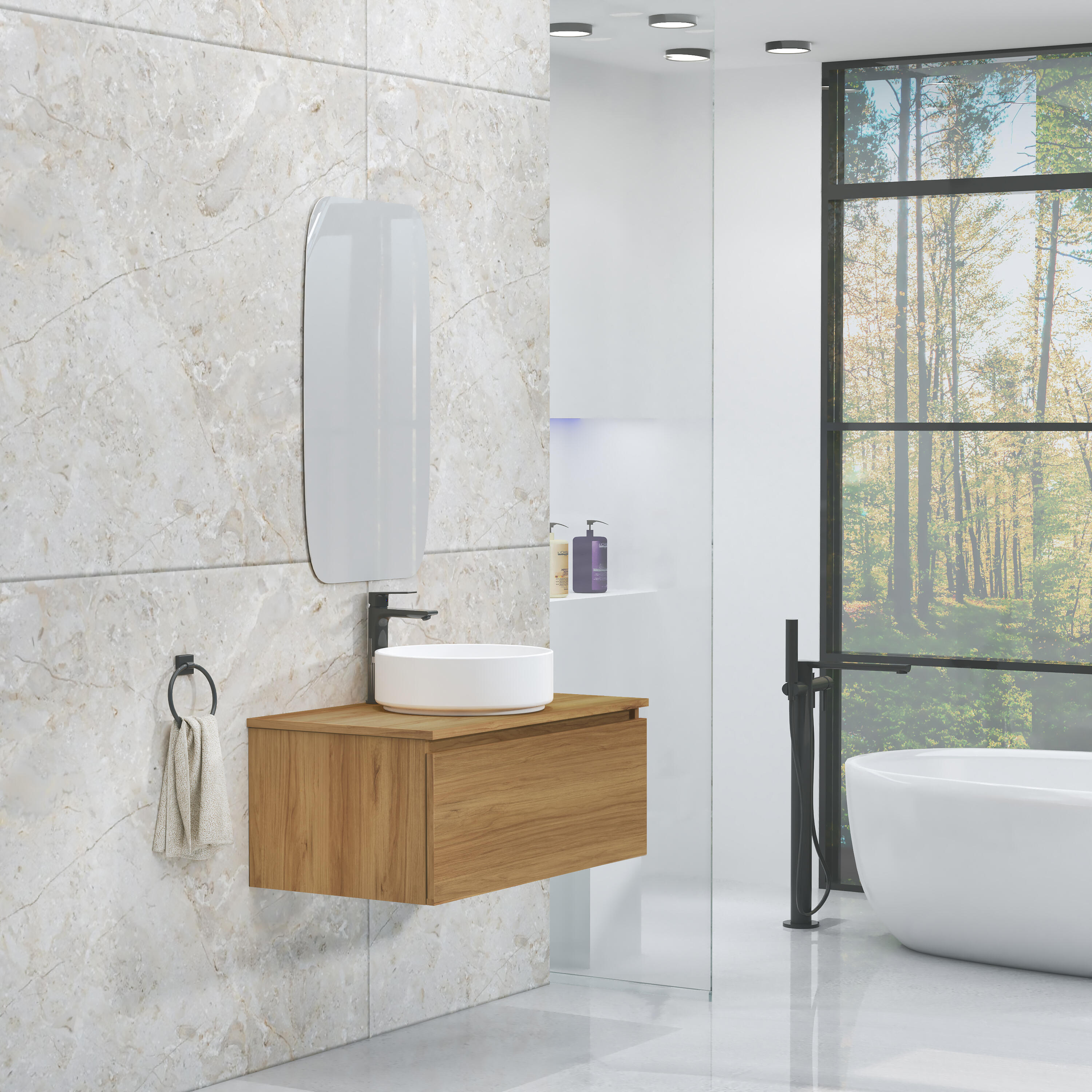 Pack de mueble de baño con lavabo y espejo toko teca natural satinado 80x44.6 c