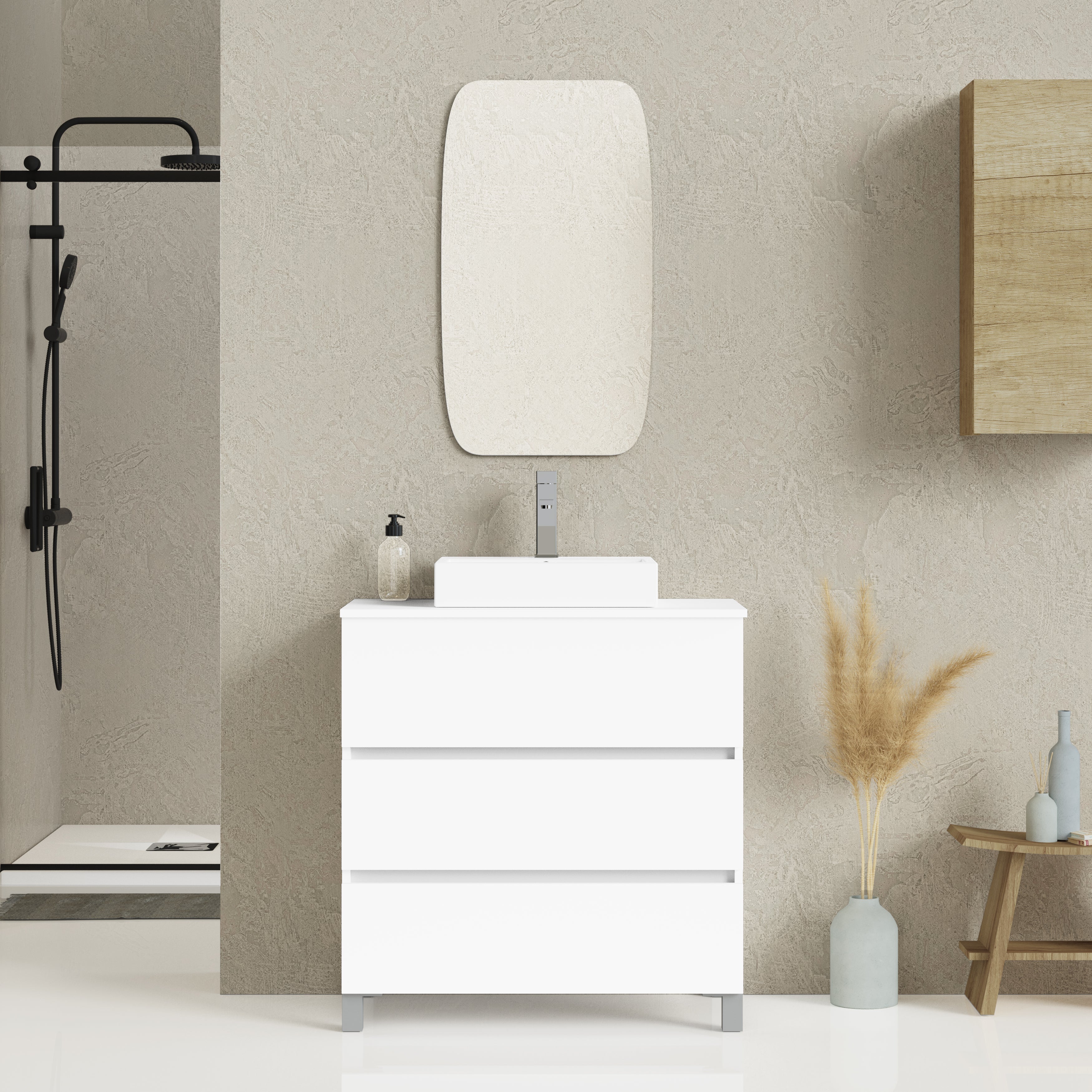 Mueble de baño con lavabo y espejo trío blanco satinado 80x44.6 cm