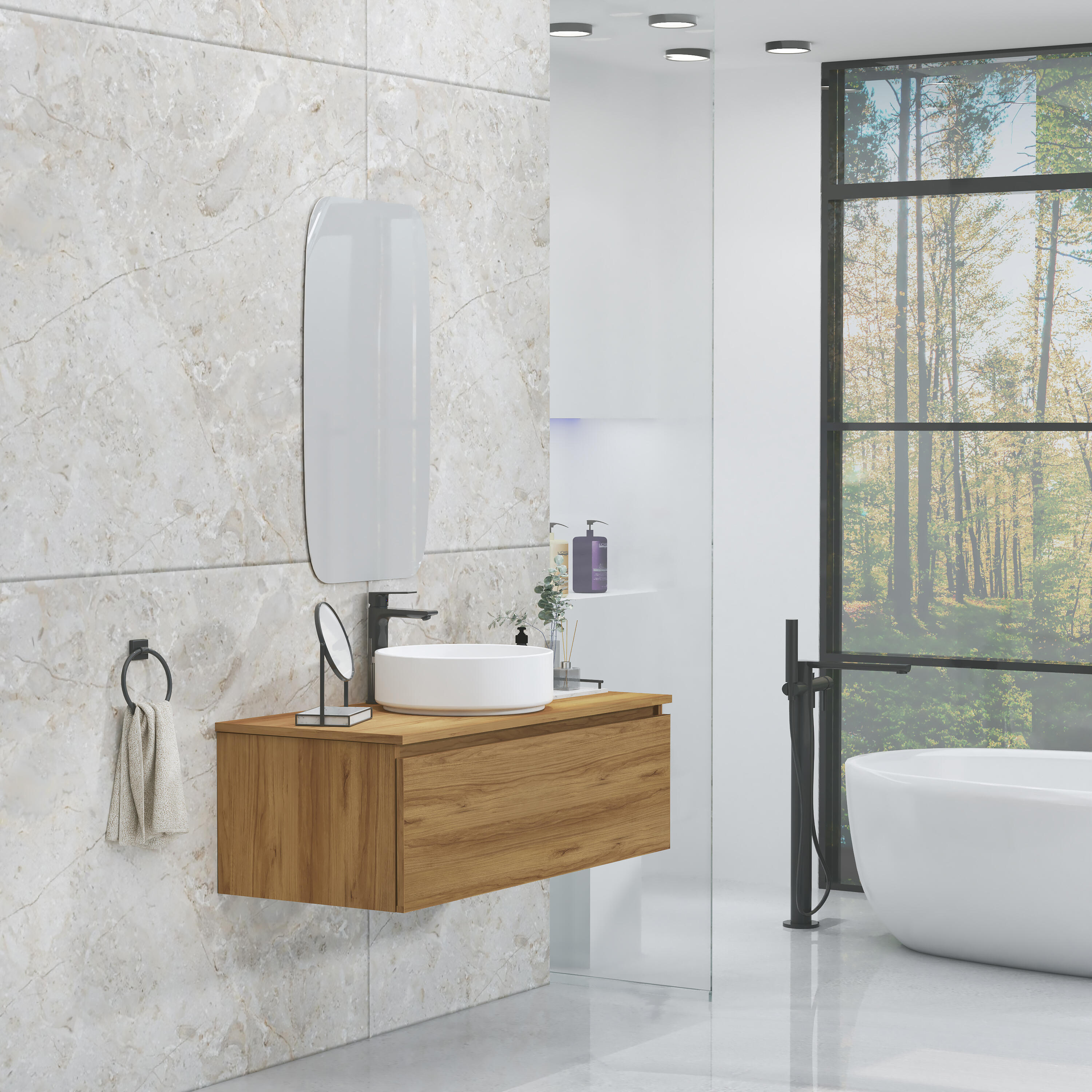 Pack de mueble de baño con lavabo y espejo toko teca natural satinado 100x44.6