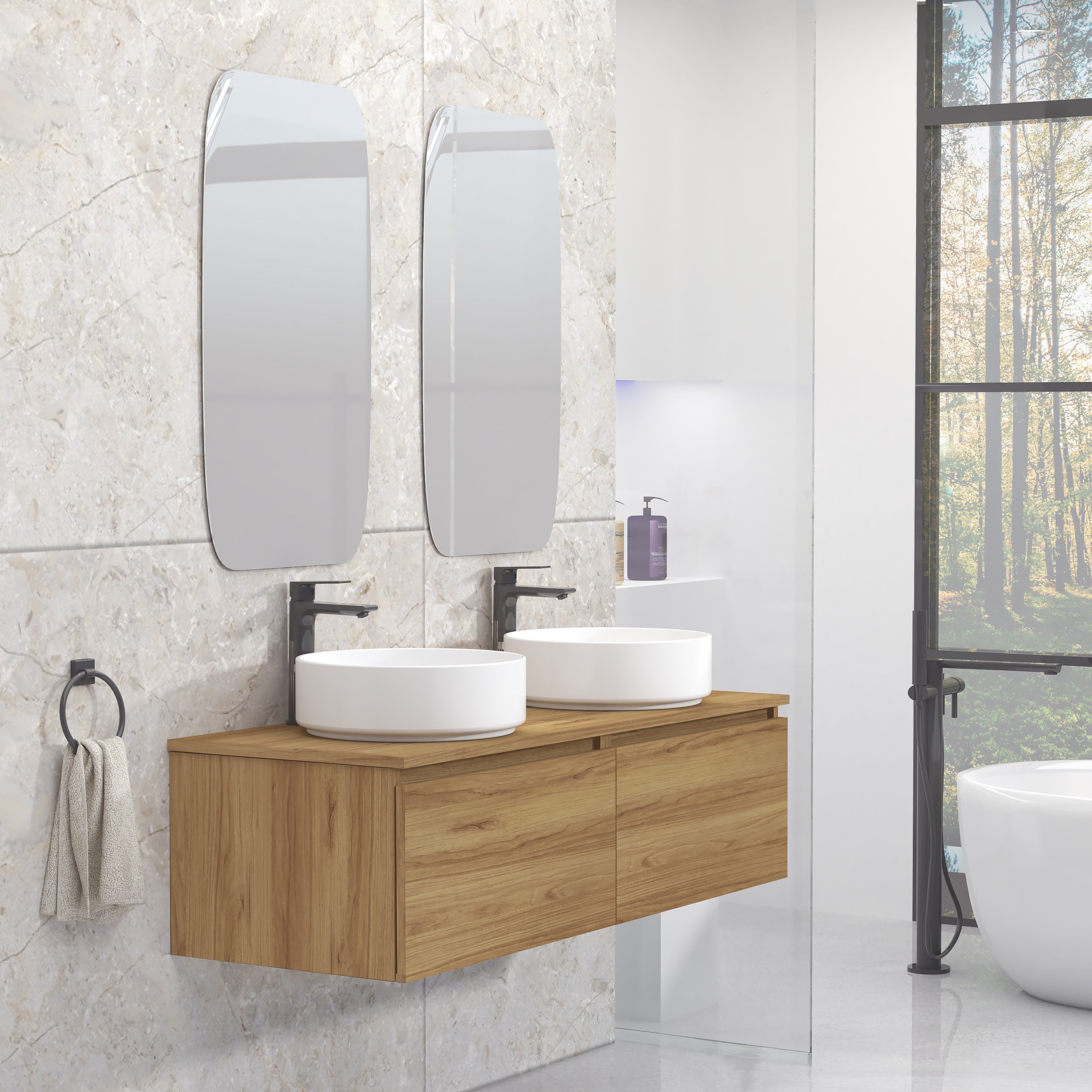 Pack de mueble de baño con lavabo y espejo toko teca natural satinado 120x44.6