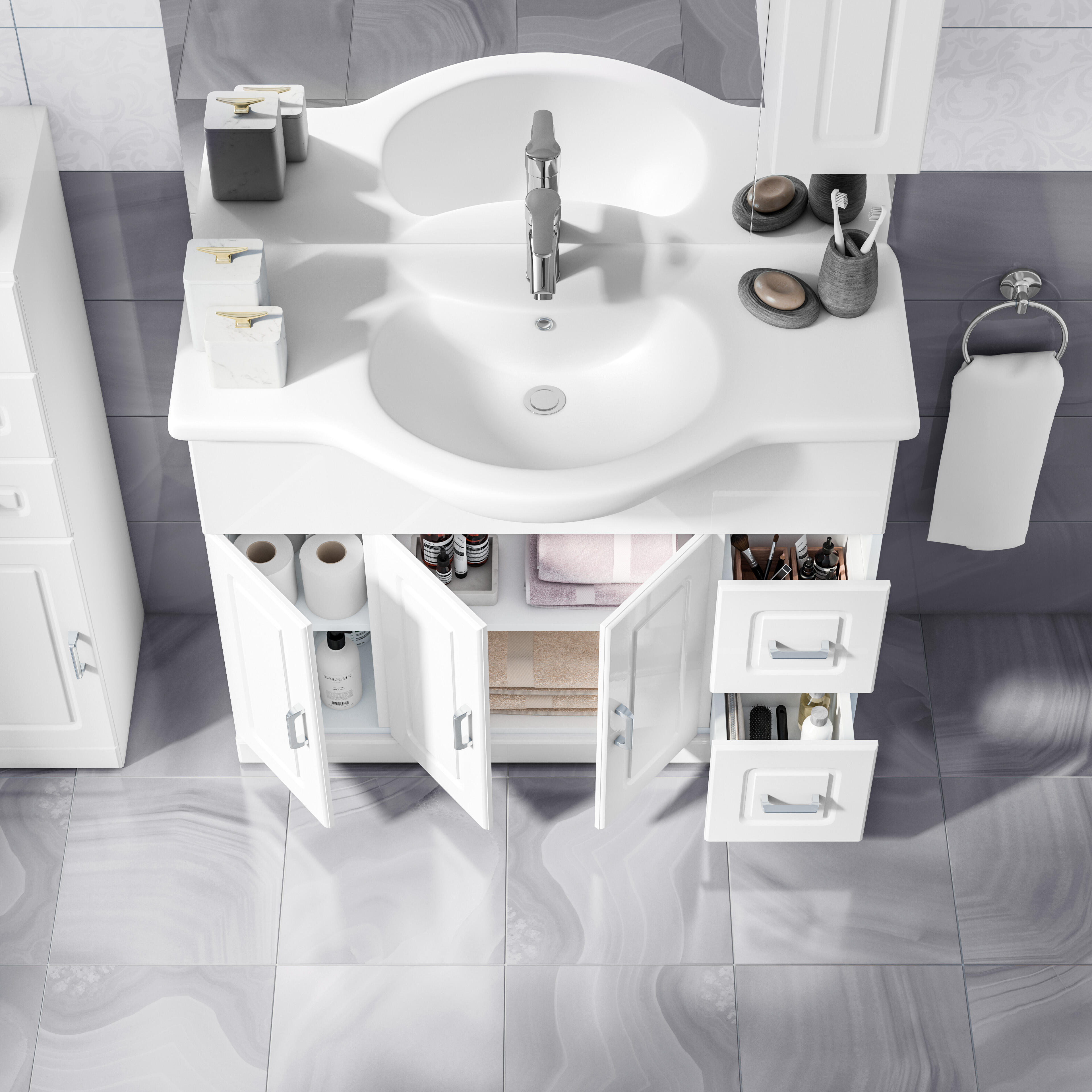 Mobile bagno da terra con lavabo L 105 x H 184 x P 33.5 cm bianco, 3 ante 2 cassetti per vasca centrale Paola - 3