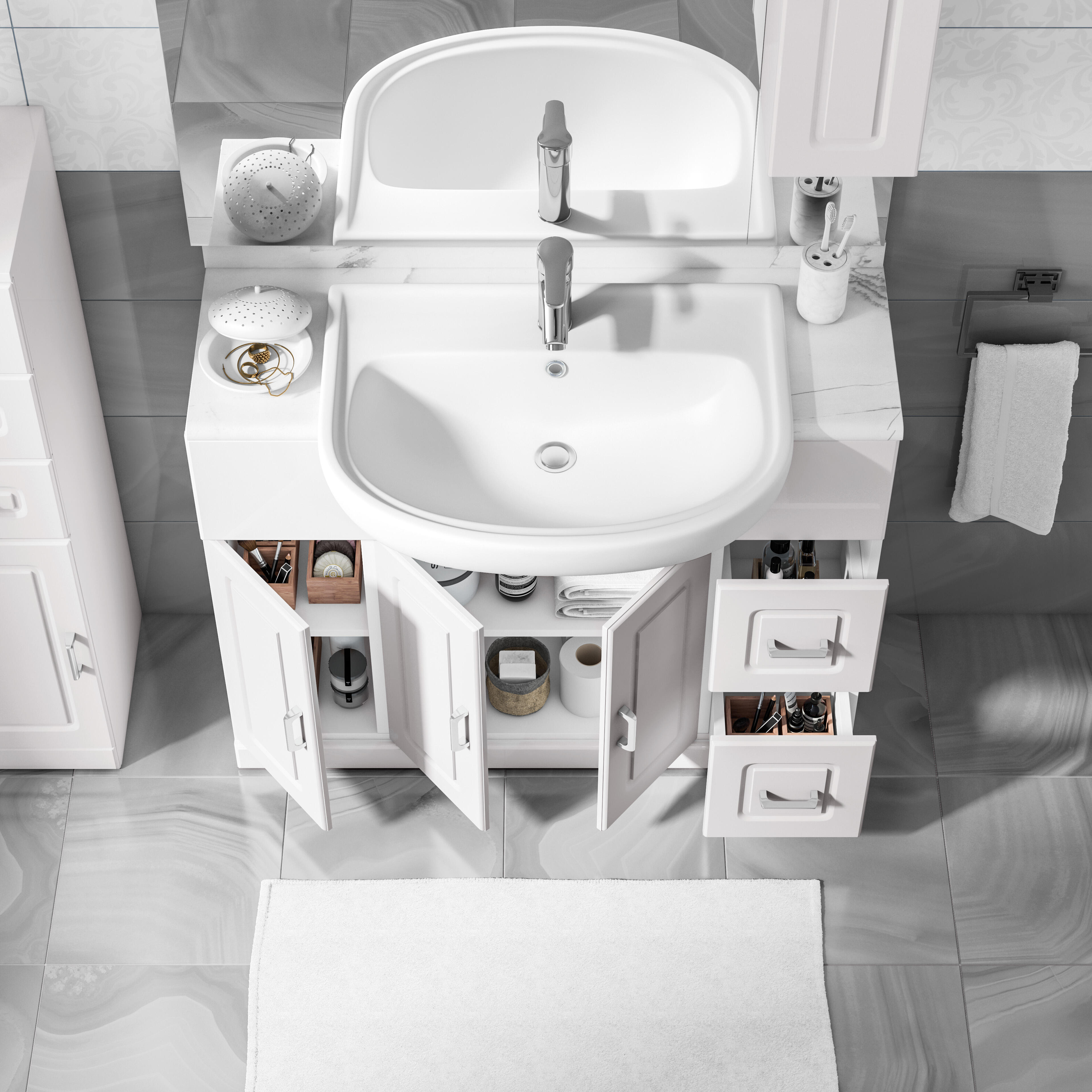 Mobile bagno da terra con lavabo semincasso L 101 x H 81 x P 33.5 cm bianco, 3 ante 2 cassetti per vasca centrale Paola, specchio filo lucido incluso, colonna venduta separatamente. - 2
