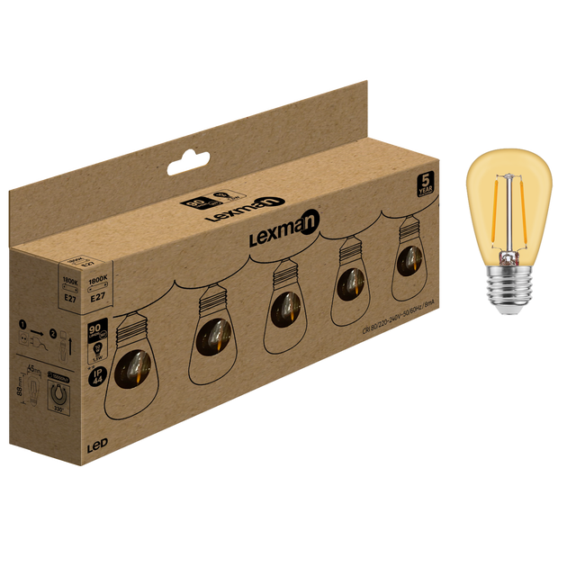 Set da 5 lampadine LED, E27 sferico, ambrato, luce calda, 10W = 90 LM (equiv 11 W), 330° LEXMAN