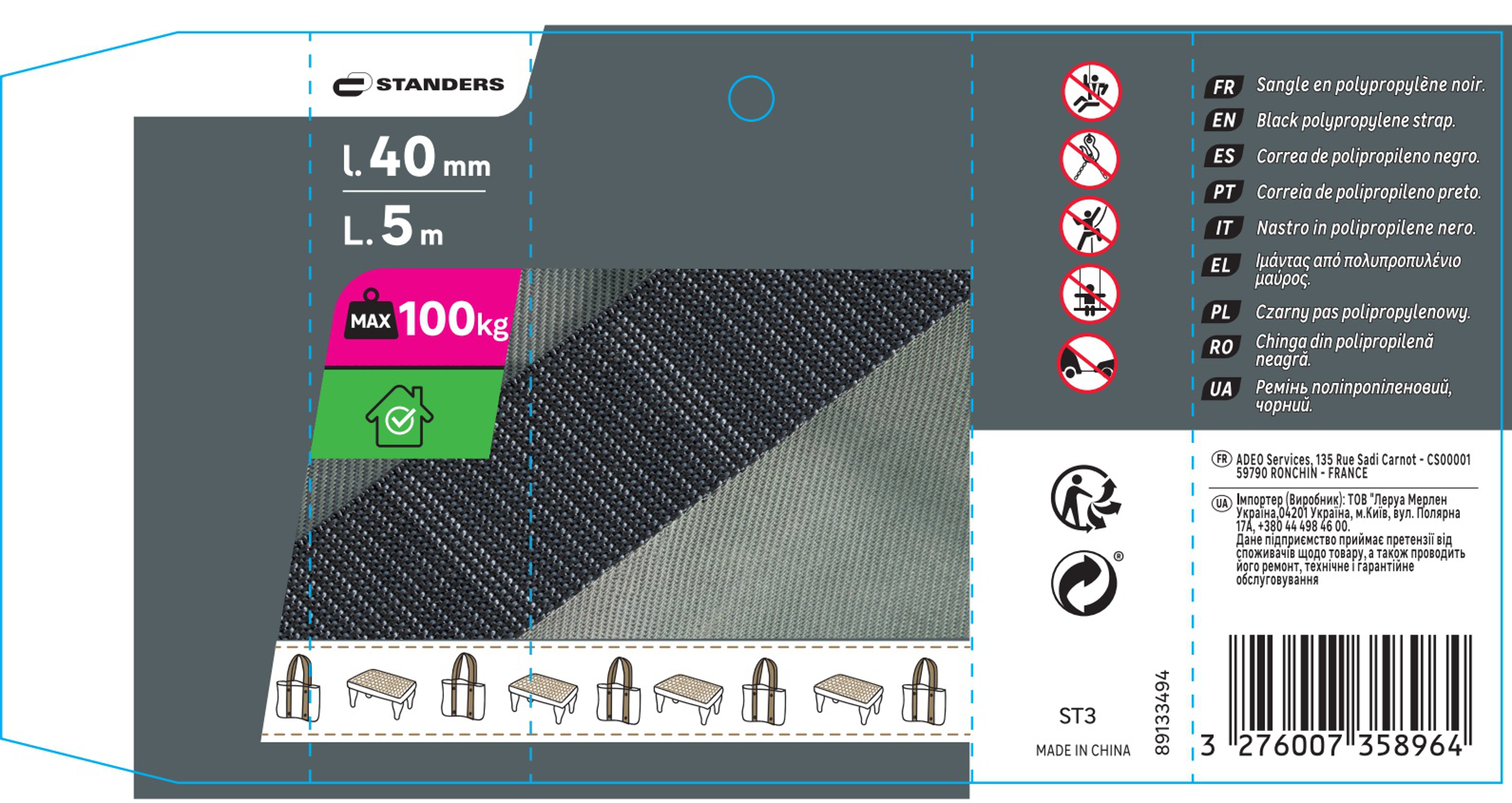 Pas transportowy 40 mm x 5 m 100 kg polipropylenowy czarny Standers - 6