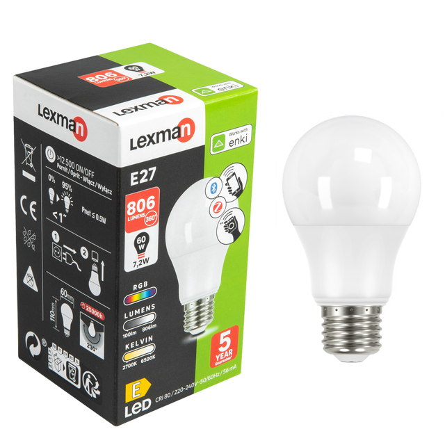 Ampoule led connectée E27, 806Lm = 60W, variations blanc & couleurs, LEXMAN ENKI