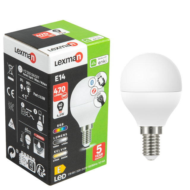 Ampoule led connectée sphérique E14, 40W, variation blanc & couleur, LEXMAN ENKI