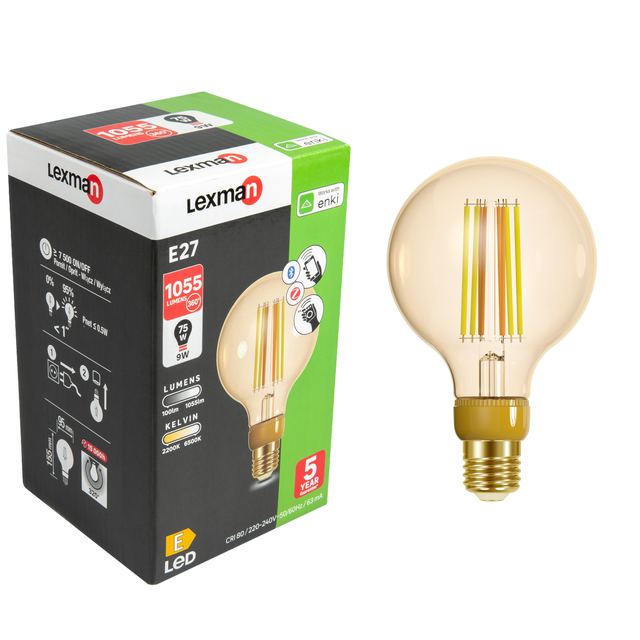 Ampoule led connectée, globe 95mm, E27, 1055Lm, variation de blancs, LEXMAN ENKI