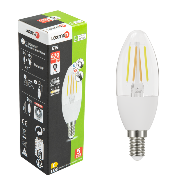 Ampoule led connectée flamme E14, 470Lm = 40W, variation de blancs, LEXMAN ENKI
