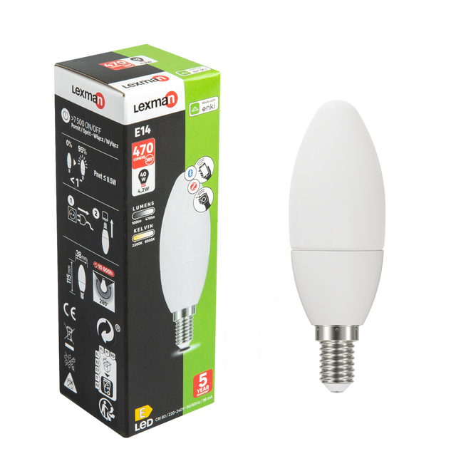Ampoule led connectée flamme E14, 470Lm = 40W, variation de blancs, LEXMAN ENKI
