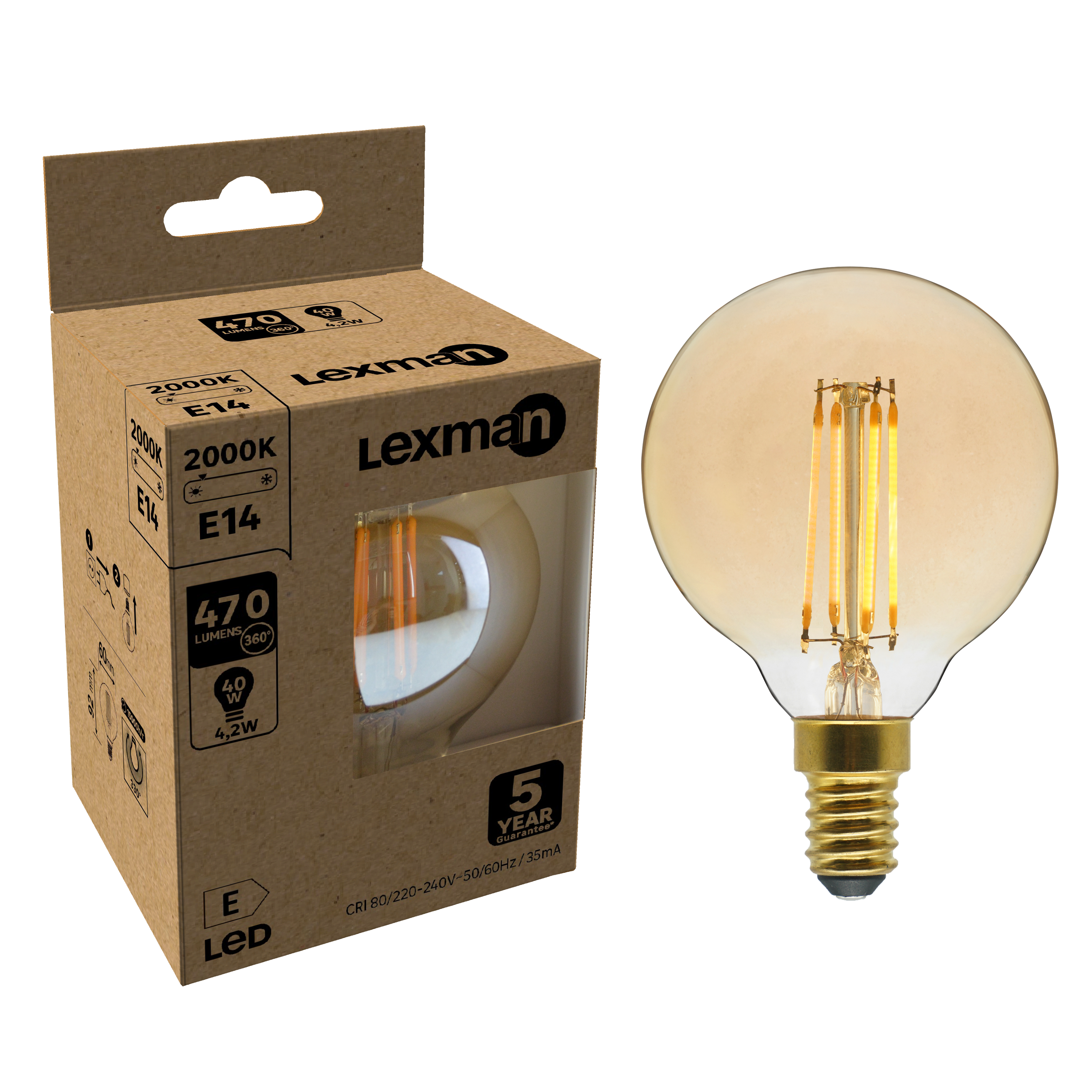 Ampoule led décorative, globe 60mm, E14, 470Lm = 40W, blanc très chaud — free download