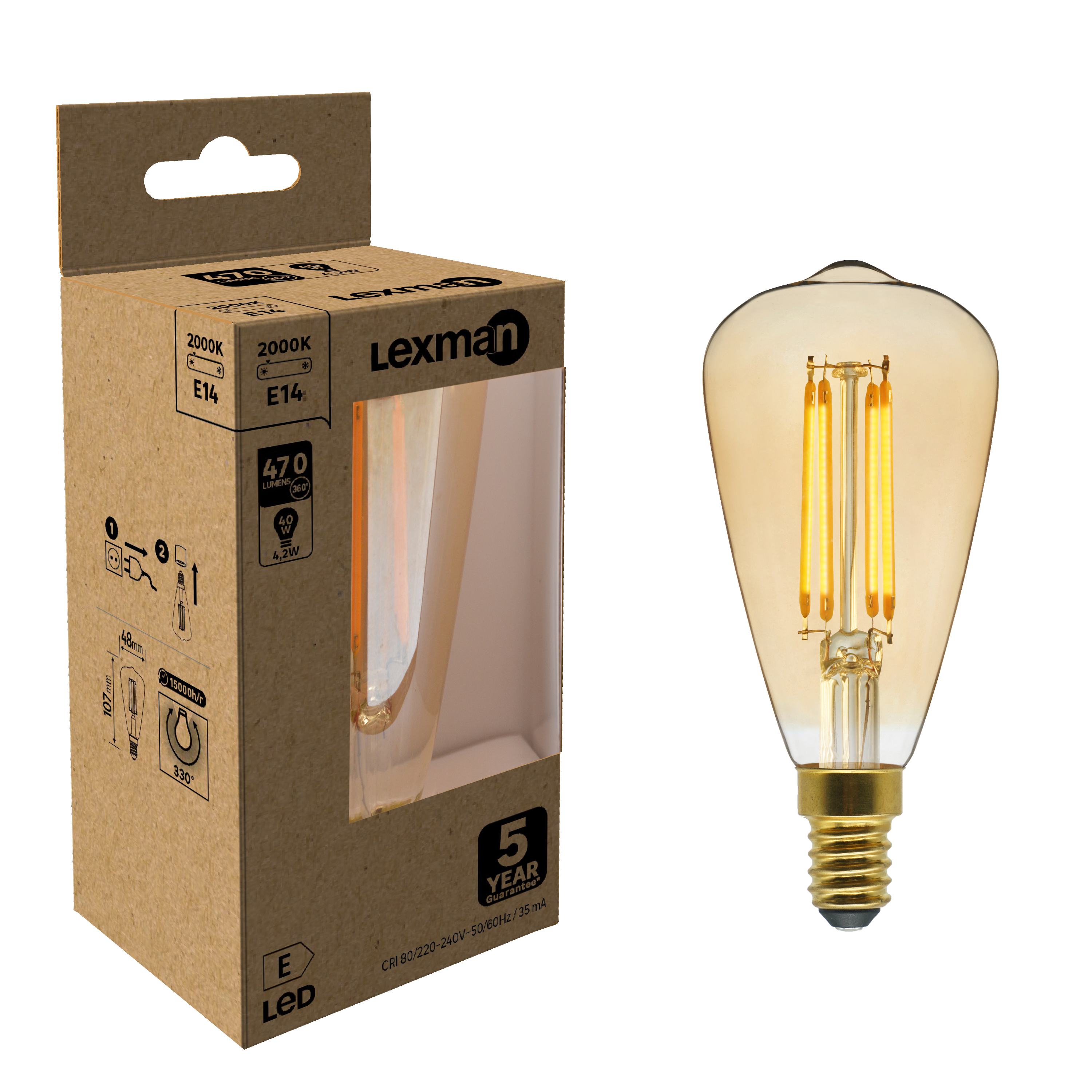 Ampoule led décorative Edison E14, 470Lm = 40W, blanc très chaud — free download