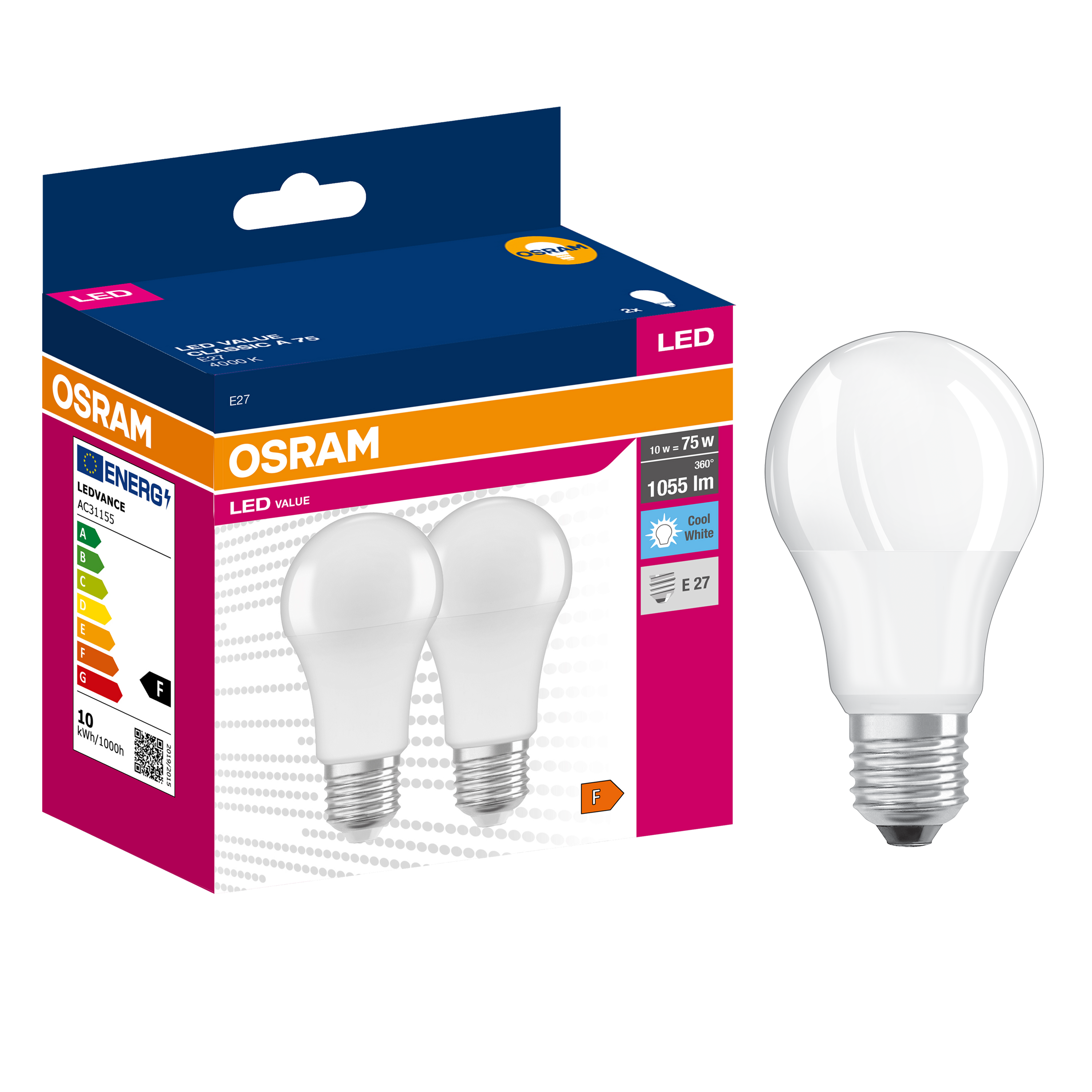 Żarówka LED 2 szt. E27 10 W = 75 W 1055 lm Neutralna biel Osram