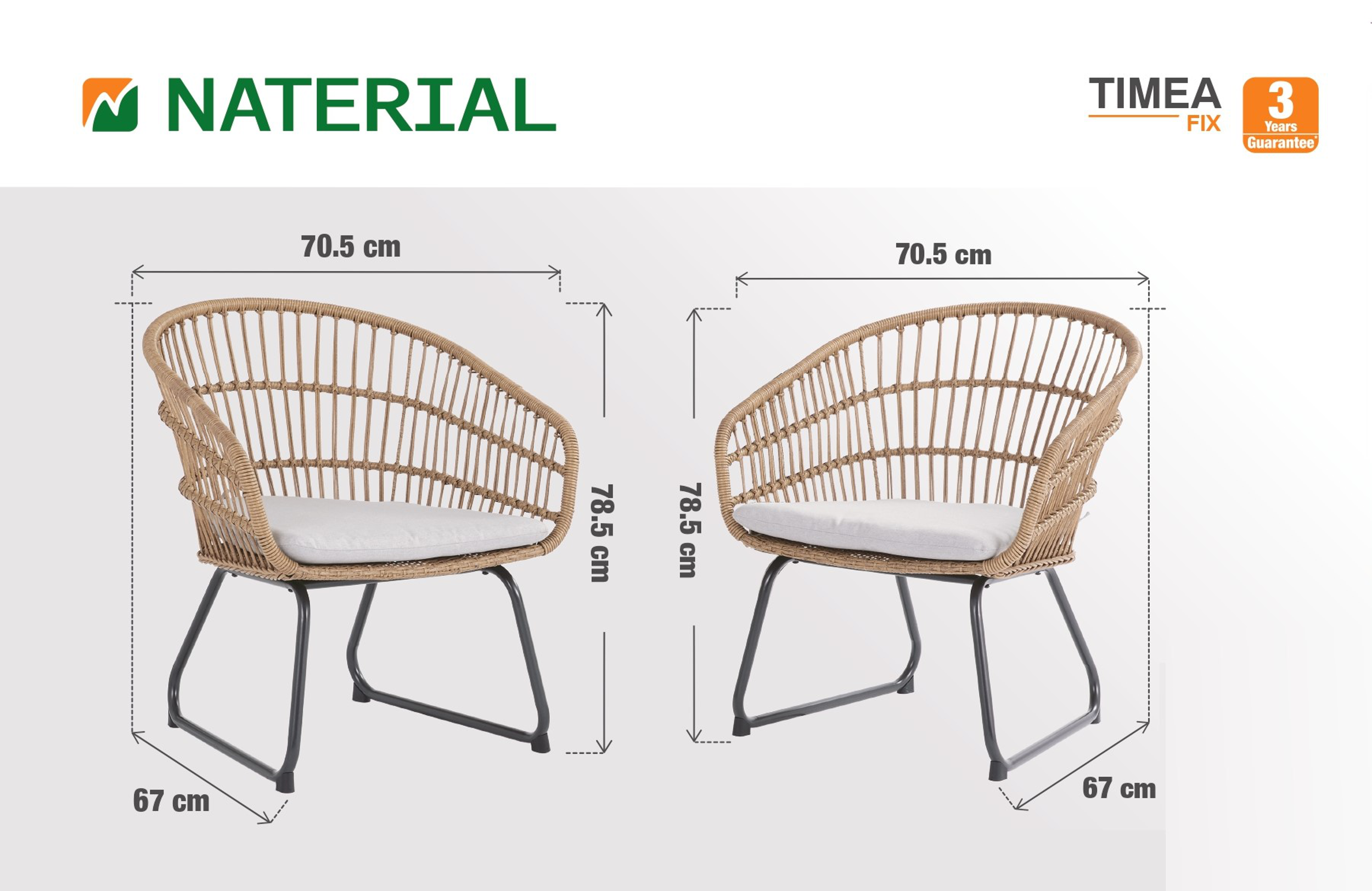 Conjunto 2 cadeiras de rattan com braços bege Timea Naterial - 10