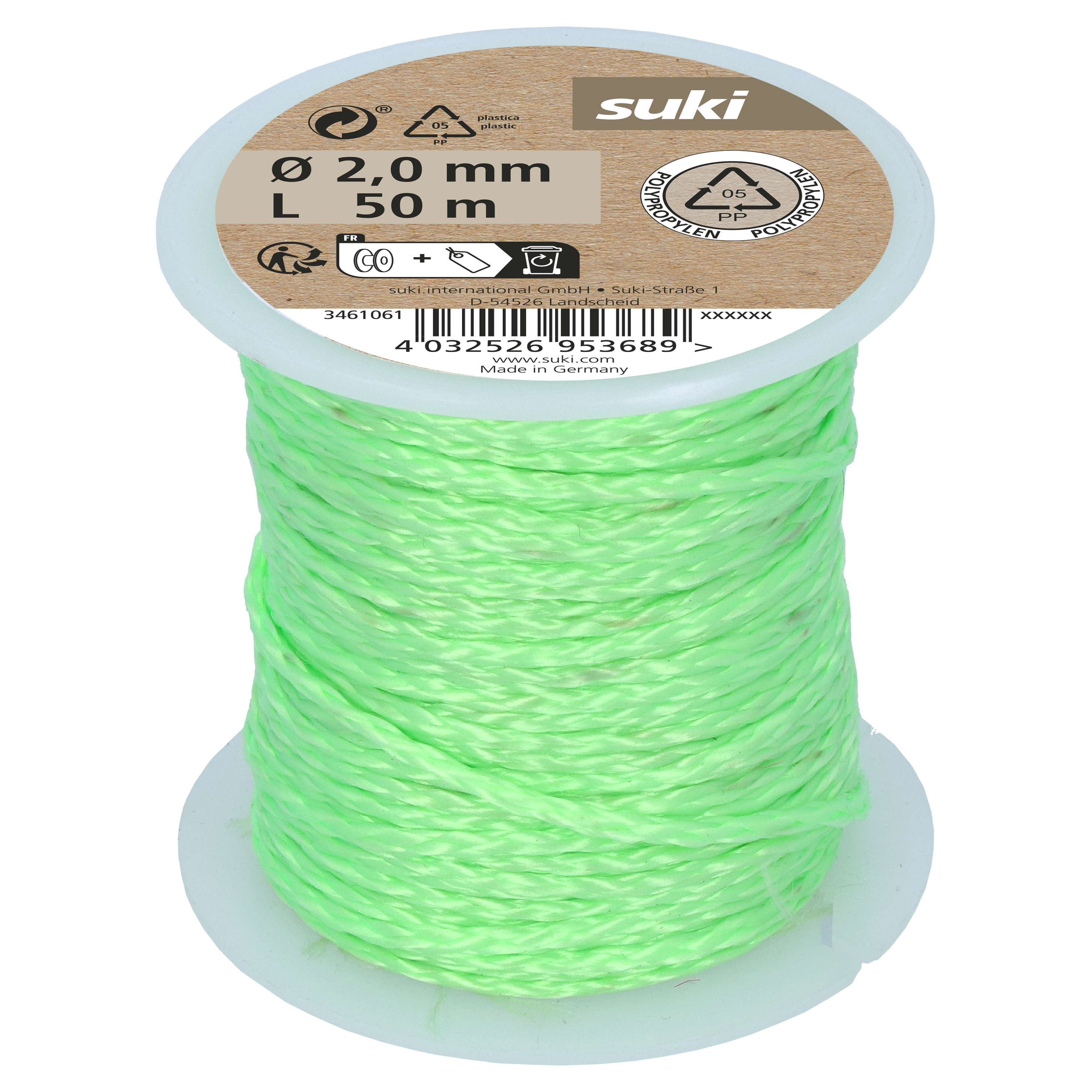 Sznurek 2 mm x 50 m pleciony neonowy zielony Suki