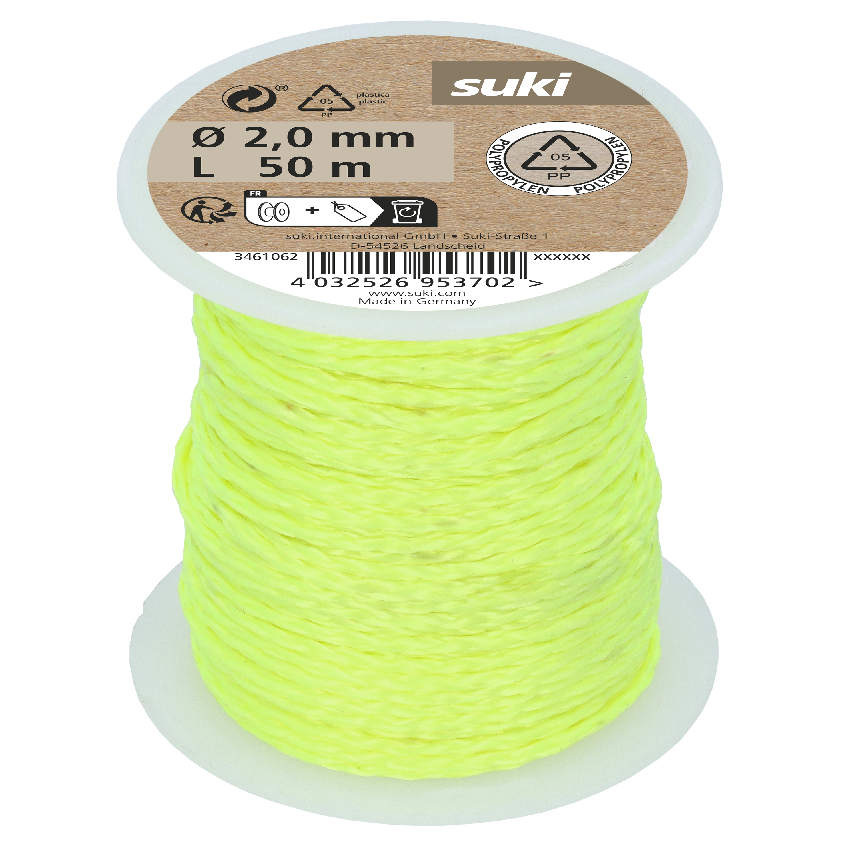 Sznurek 2 mm x 50 m pleciony neonowy żółty Suki