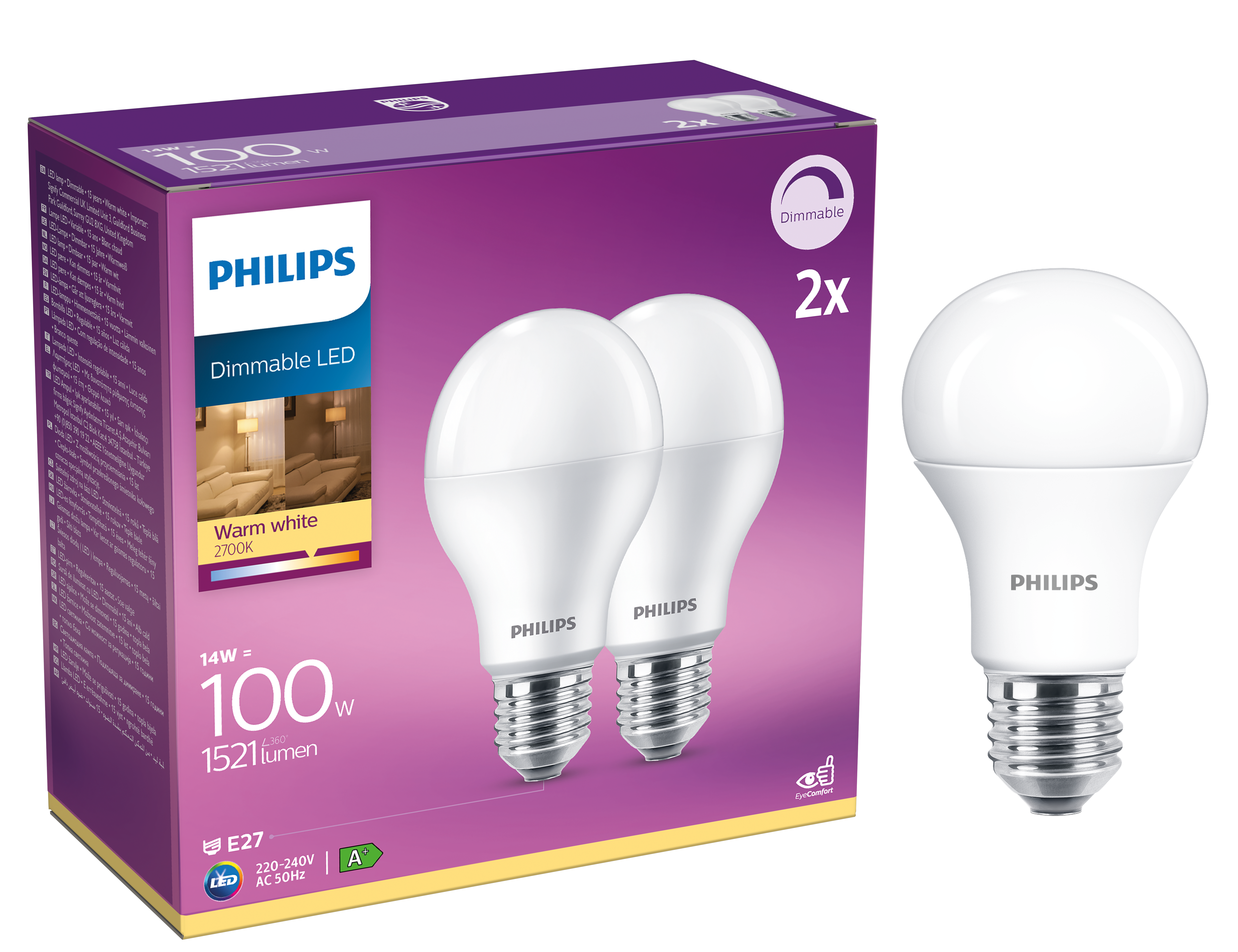 Żarówka LED 2 szt. E27 14 W = 100 W 1521 lm Ciepła biel Philips