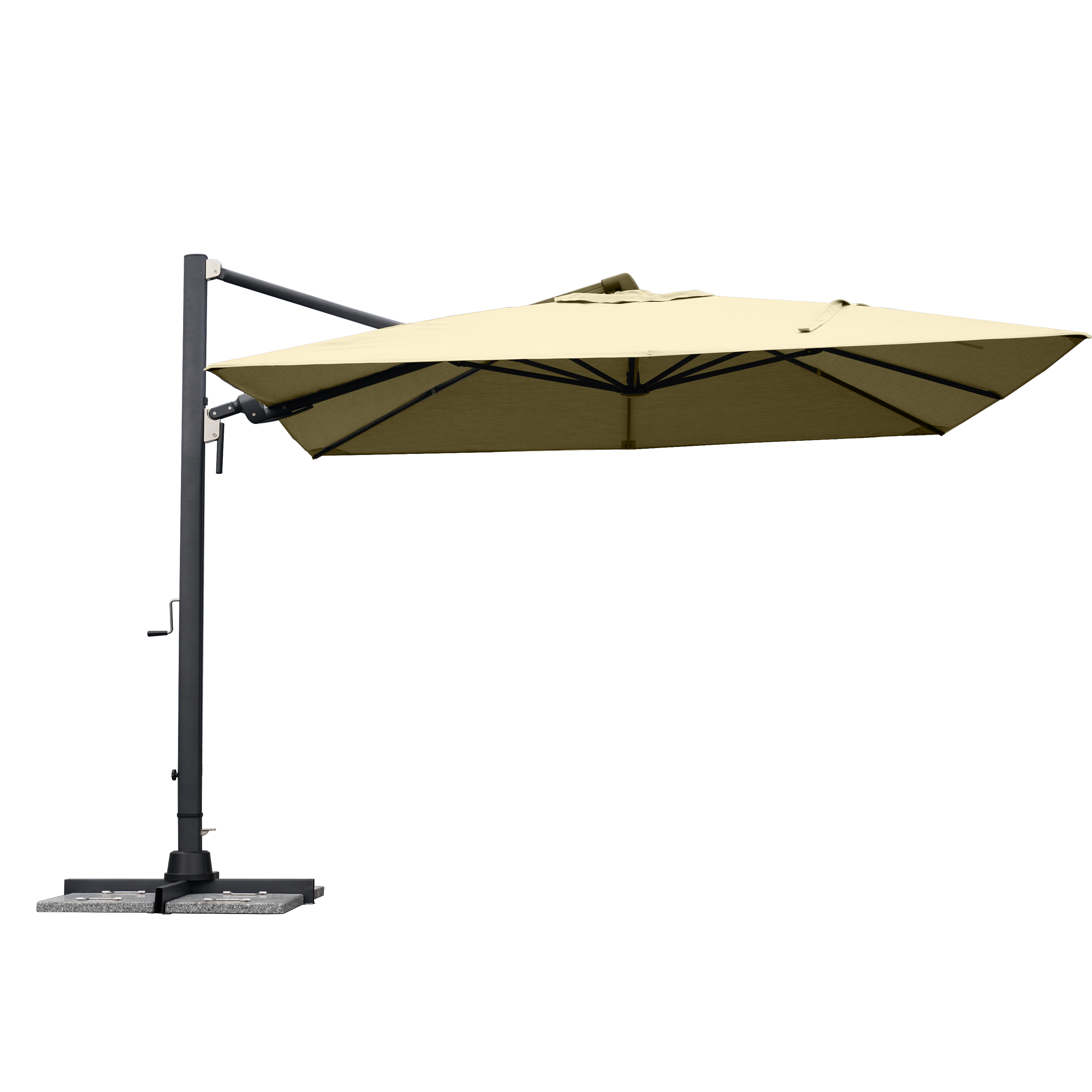 Parasol excéntrico cuadrado de aluminio/acero naterial sombra tostado 298 cm + 4 pies de parasol cuadrado de hormigón de 25 kg