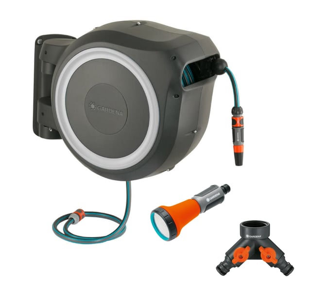 Dévidoir automatique mural RollUp L 30 m + sélecteur + lance GARDENA 18627-36