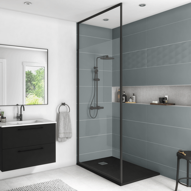 Pack douche italienne receveur remix noir 80x120+paroi transparent Unik noir 120