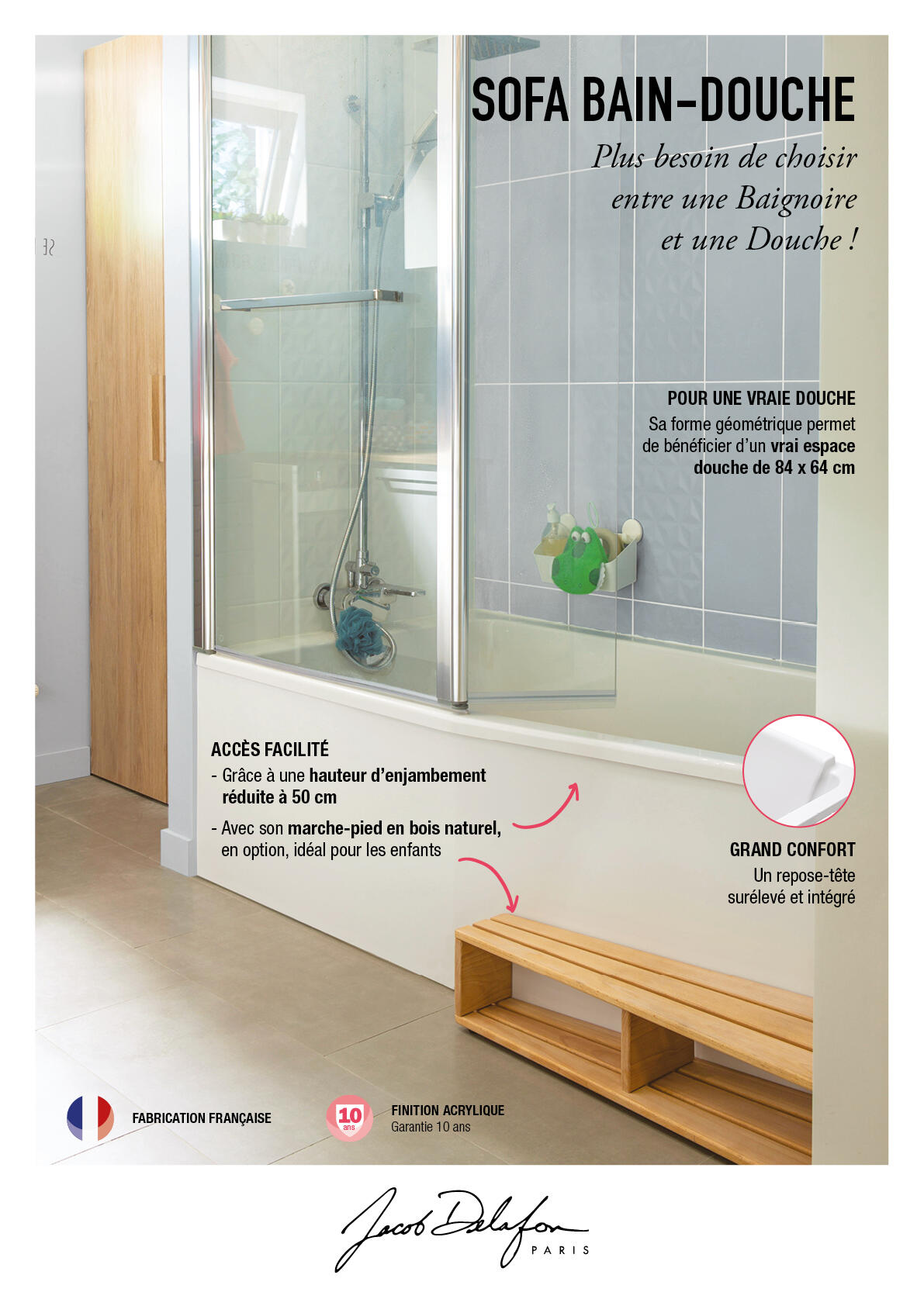 Baignoire 160x85cm blanc brillant,vidage à droite,JACOB DELAFON Sofa bain-douche - 9