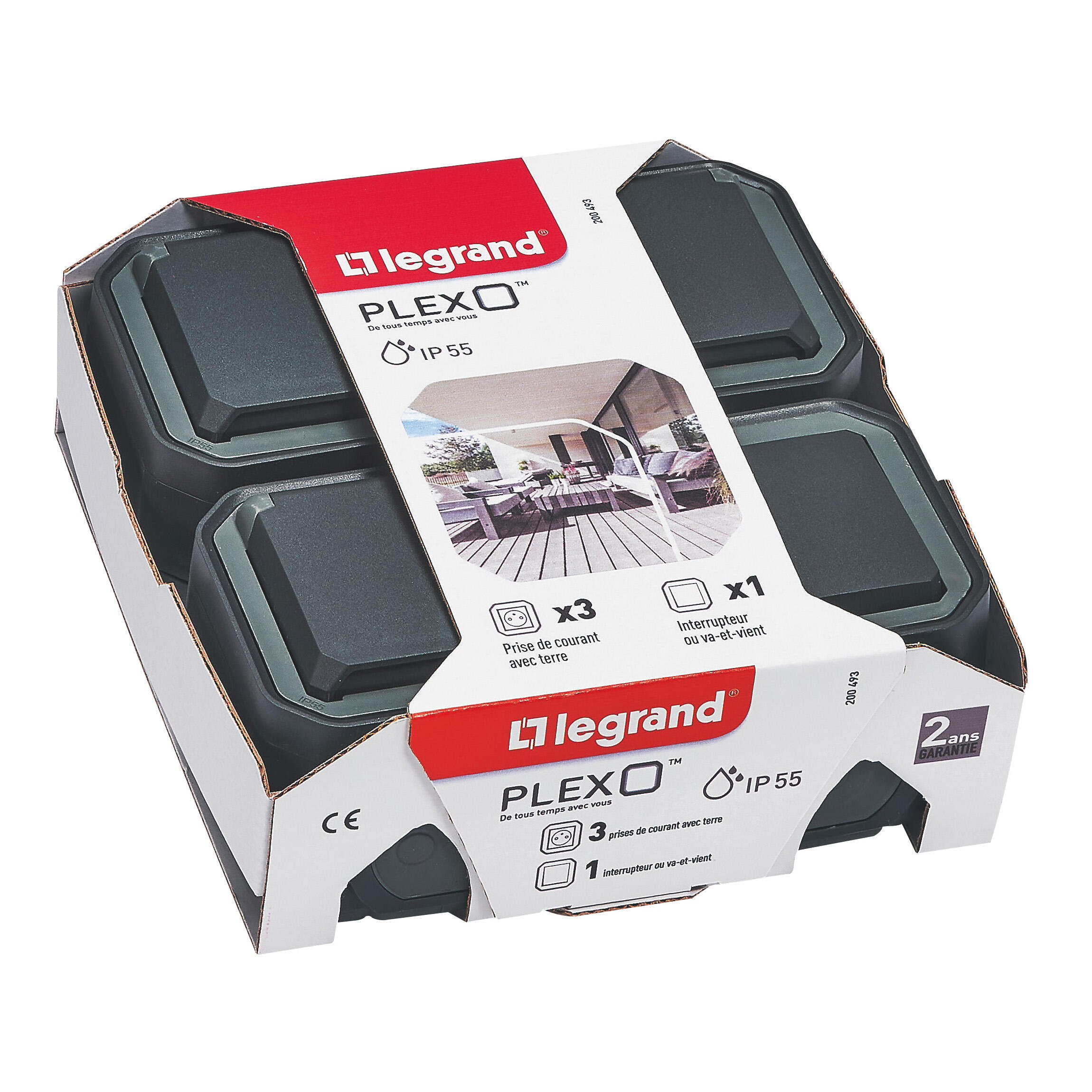 Lot de 1 interrupteur VV et 3 prises avec terre complet, LEGRAND Plexo, anth - 3
