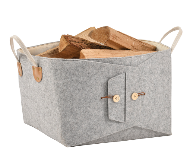 Panier à Bois En Feutre 50L - Portée Jusqu'à 14kg - Poignées Bois - Pliable - Gris