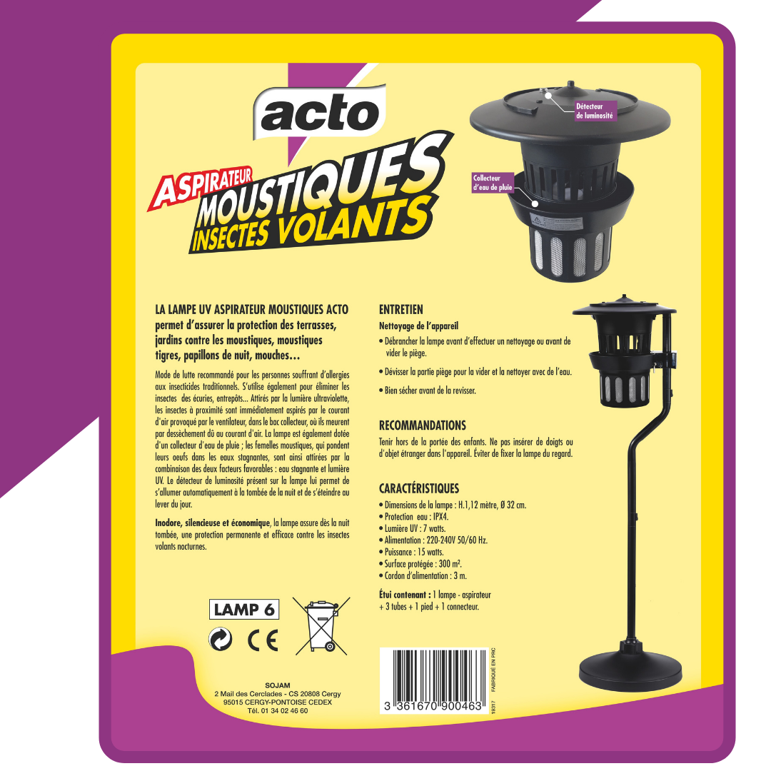 Aspirateur à moustiques/insectes volants - Lampe UV d'extérieur - protège 300m² - 3