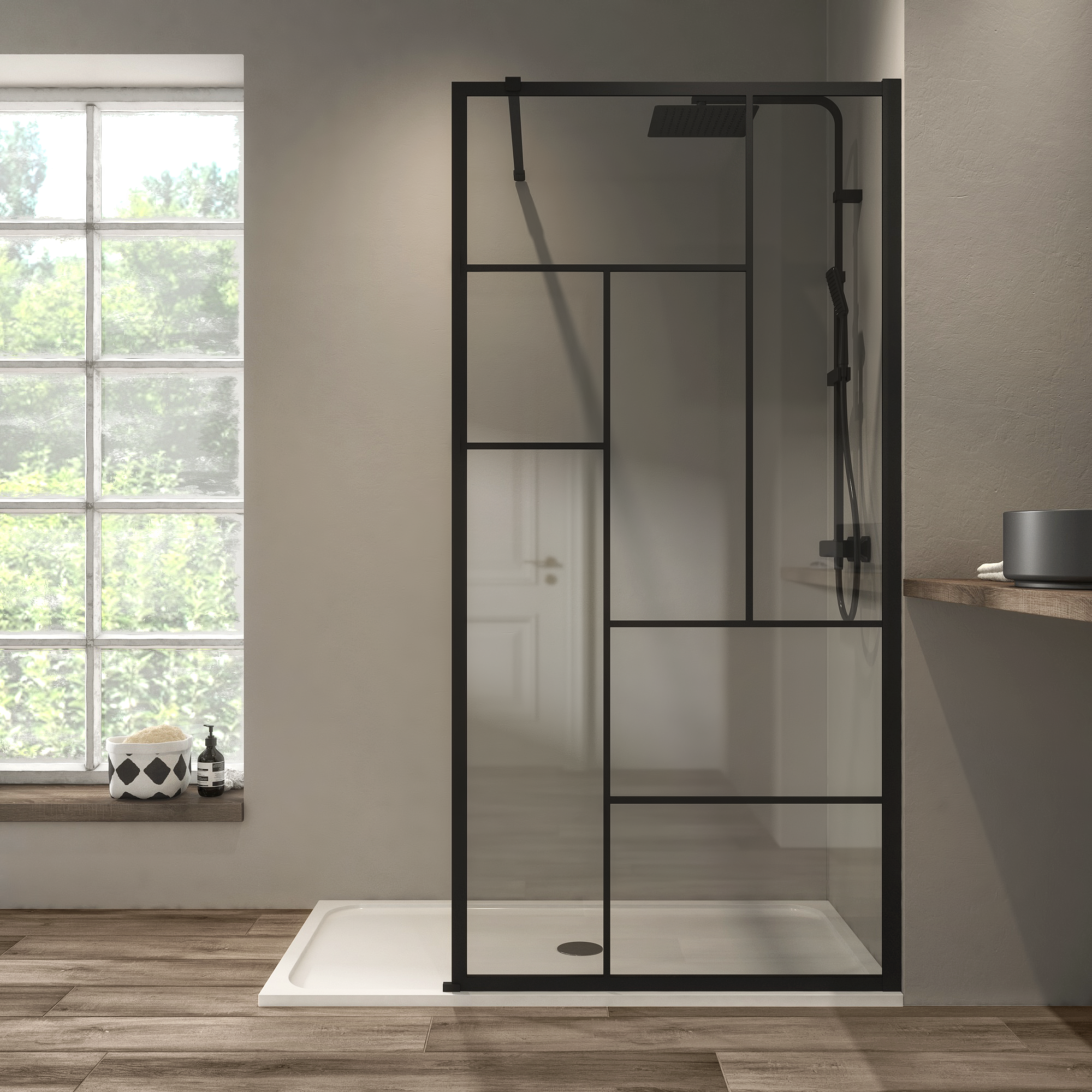Mampara de ducha fija Studio perfil aluminio negro (97-98.5)x200 cm cristal templado 8mm transparente antical reversible. Barra fijación muro o techo recortable incluida Sensea - 9