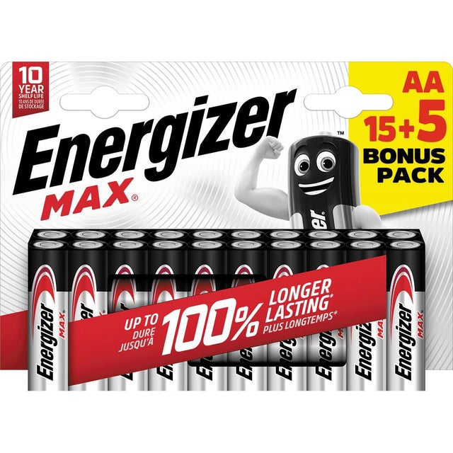 Lot de 15 + 5 piles alcaline AA Max, 1.2 V, ENERGIZER
