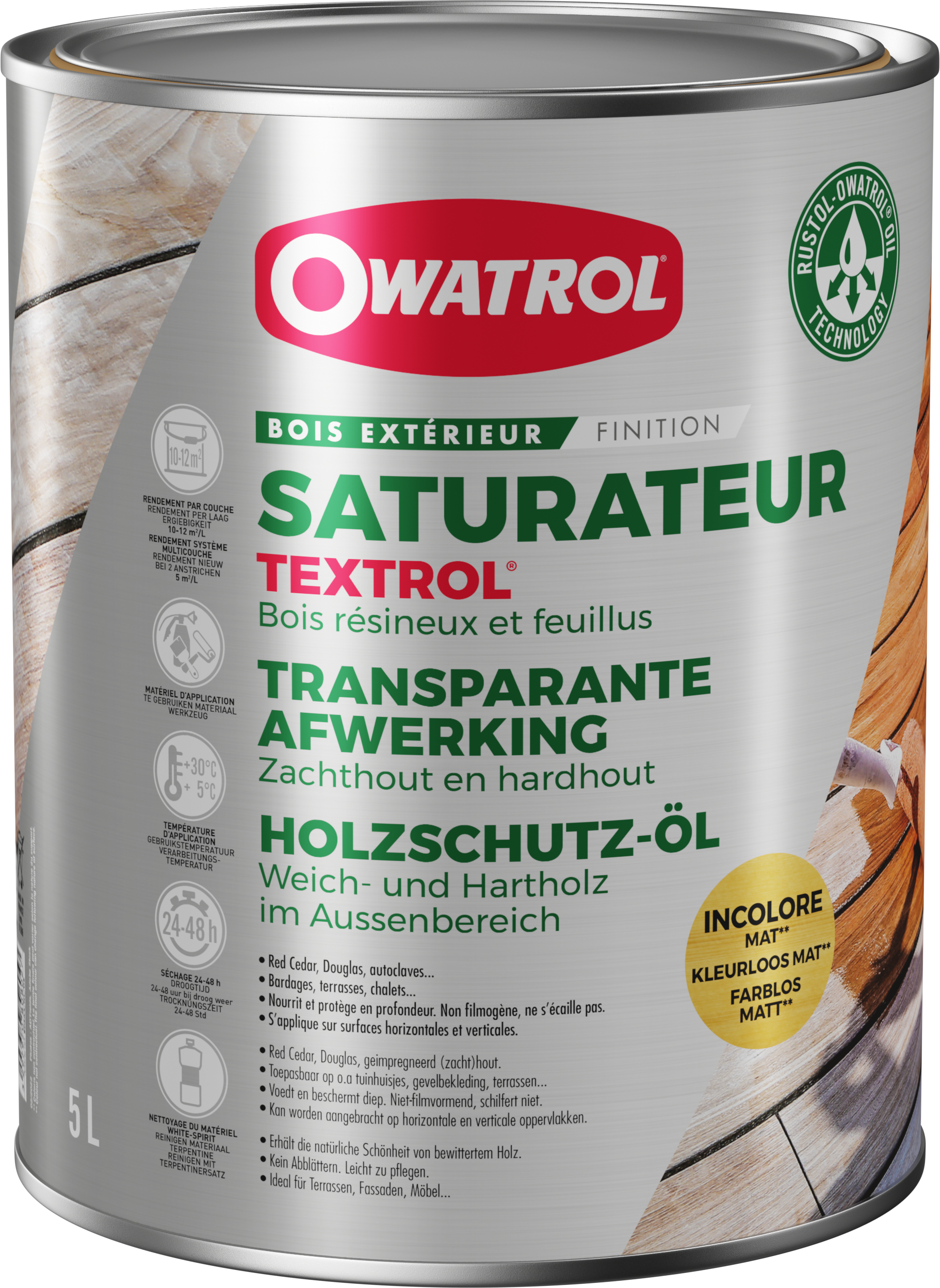 Saturateur pour bois extérieur OWATROL Textrol incolore mat 5 l - 5