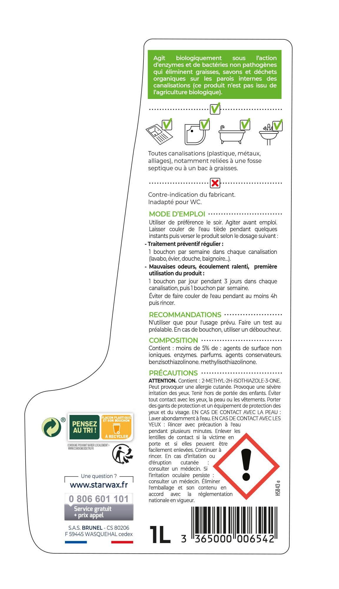 Produit d'entretien STARWAX Canalisations, biologique sans javel, 1L - 3