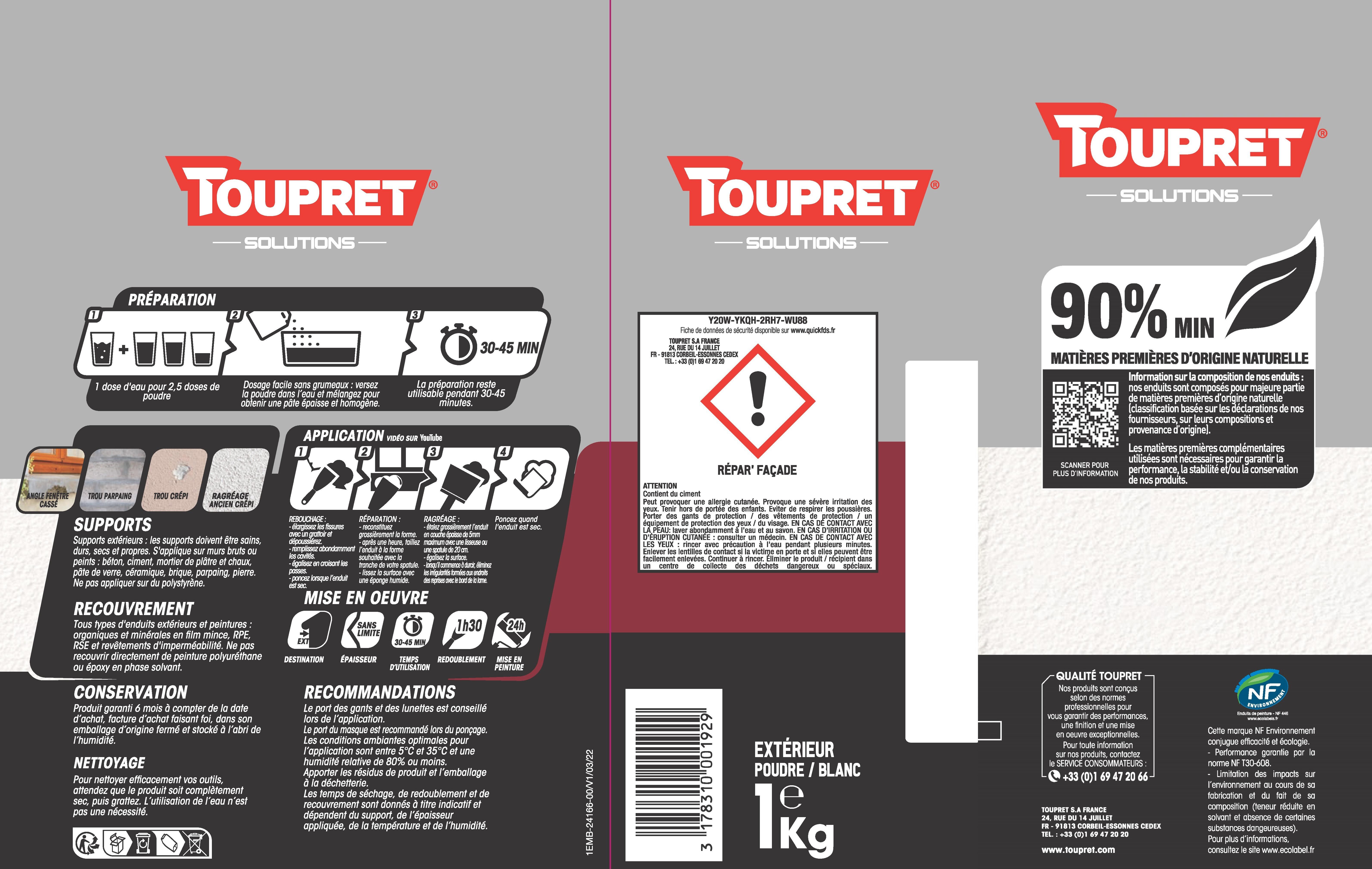 Enduit de rebouchage poudre Repar'façade TOUPRET blanc 1 kg - 6