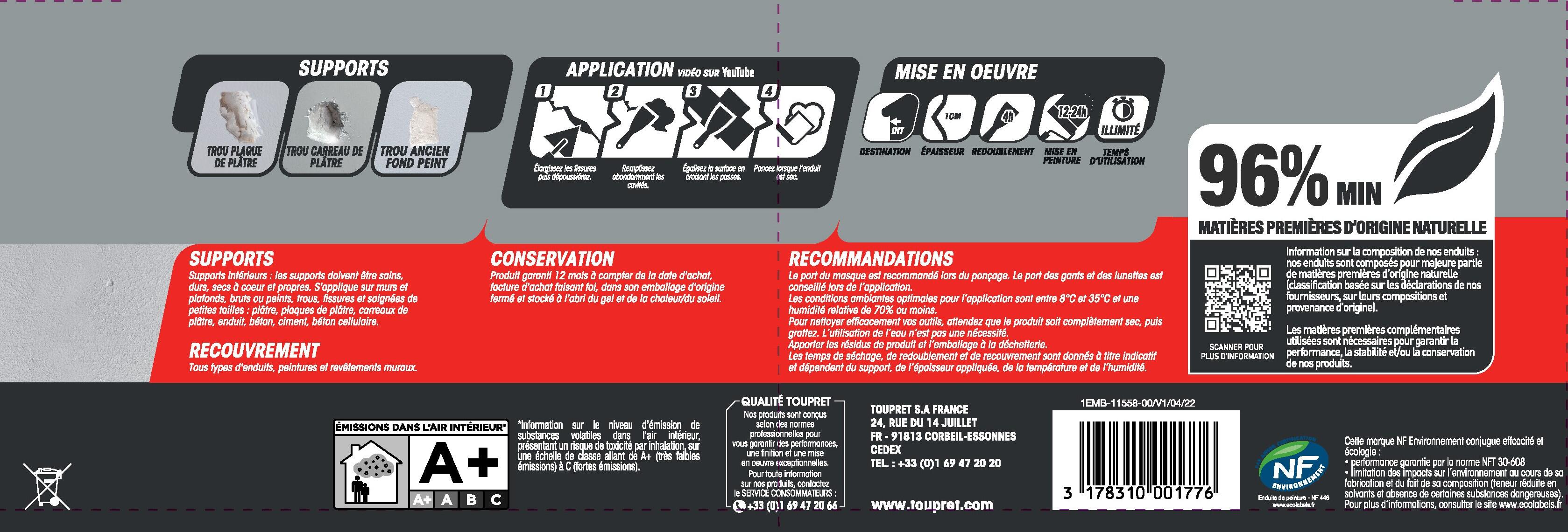 Enduit de rebouchage en pâte Rapid rebouch TOUPRET blanc 4 kg - 4