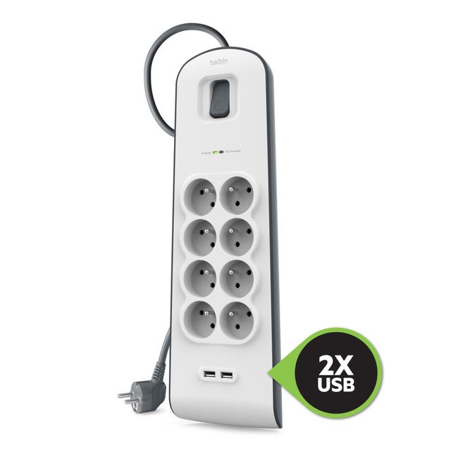 Multiprise parafoudre 8 prises + 2 ports USB, cordon de 2 m, blanc, Belkin