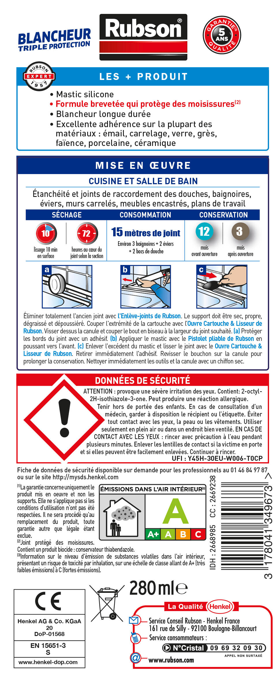 Mastic d'étanchéité Cuisine et bain blancheur protection RUBSON blanc 280ml - 7