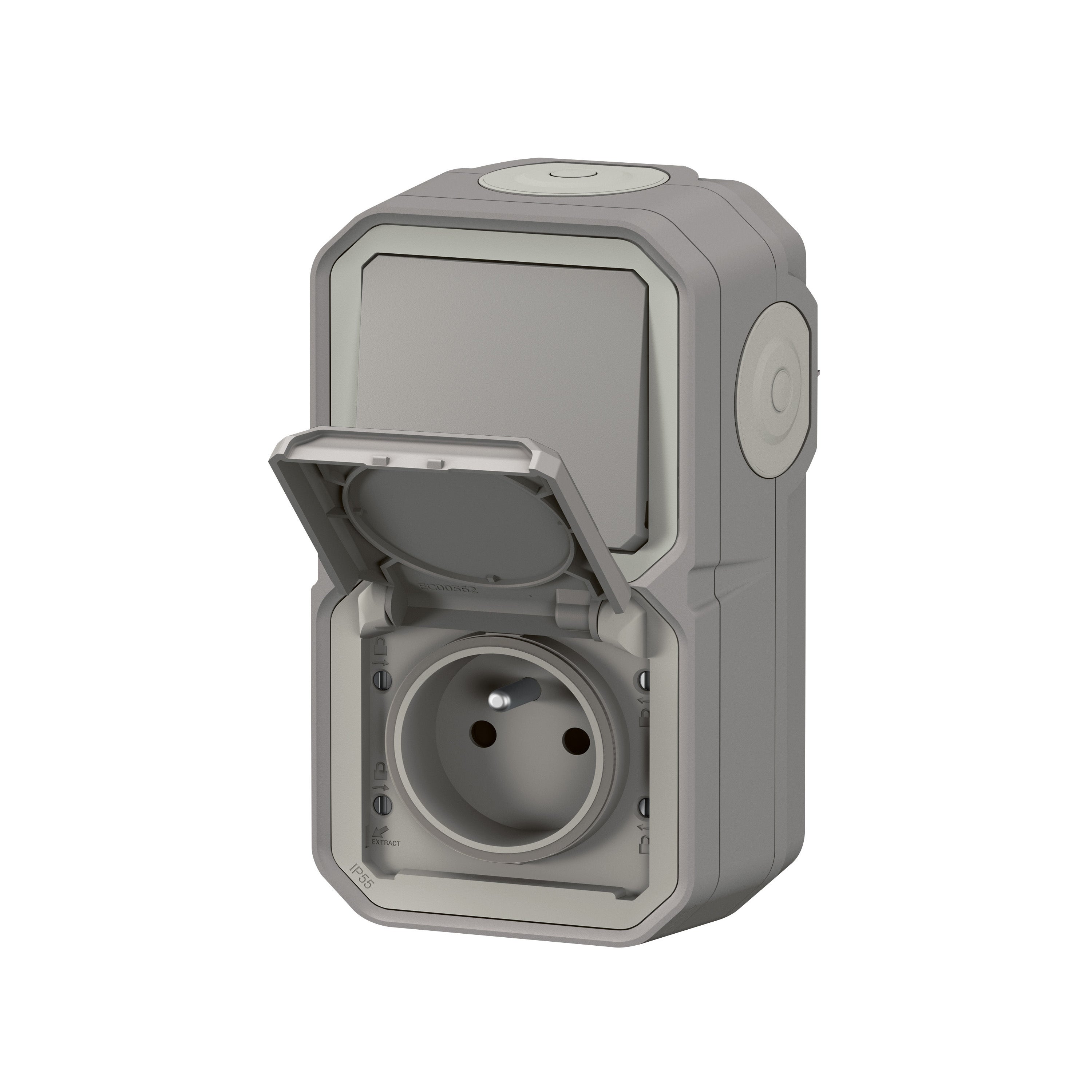 Prise avec terre et interrupteur étanche saillie Plexo, LEGRAND, gris - 3