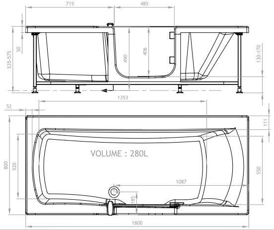 Baignoire rectangulaire L.180x l.80 cm blanc brillant, KINEDO Sourceo version dr - 4