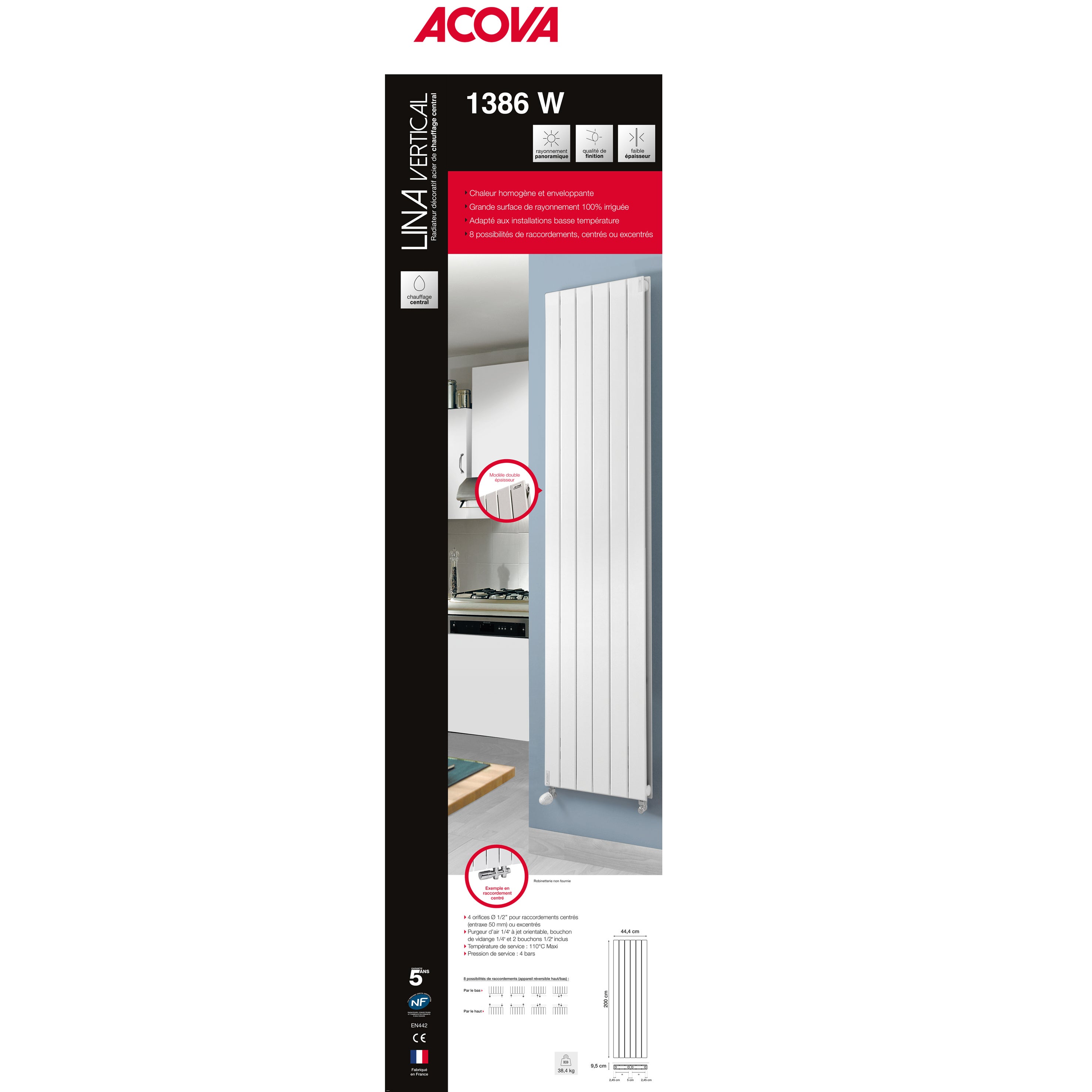 Radiateur eau chaude vertical ACOVA Lina blanc, 1386W H.200 x l.44.4 cm - 7