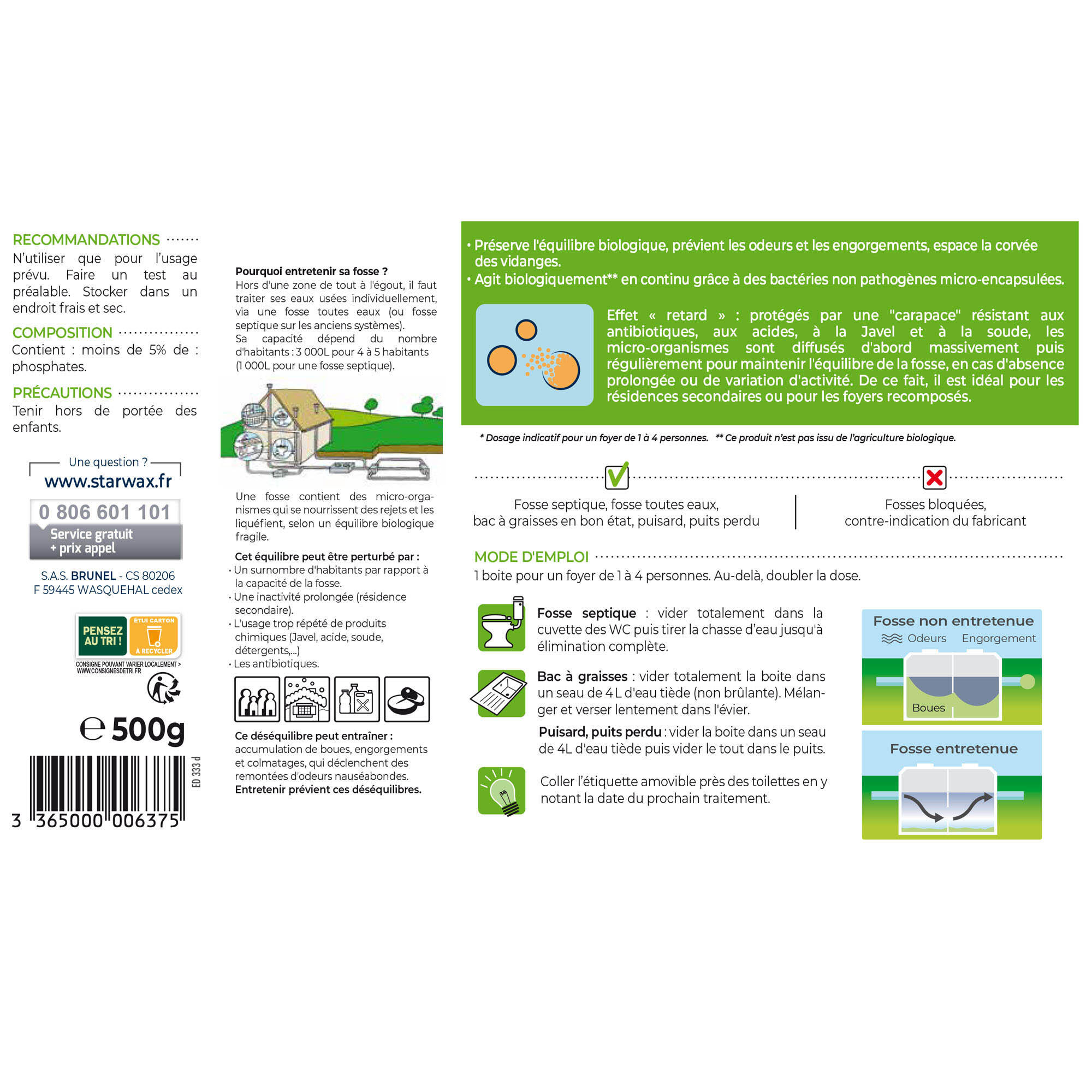 Entretien fosse septique action biologique, longue durée STARWAX, 0,5 Kg - 5