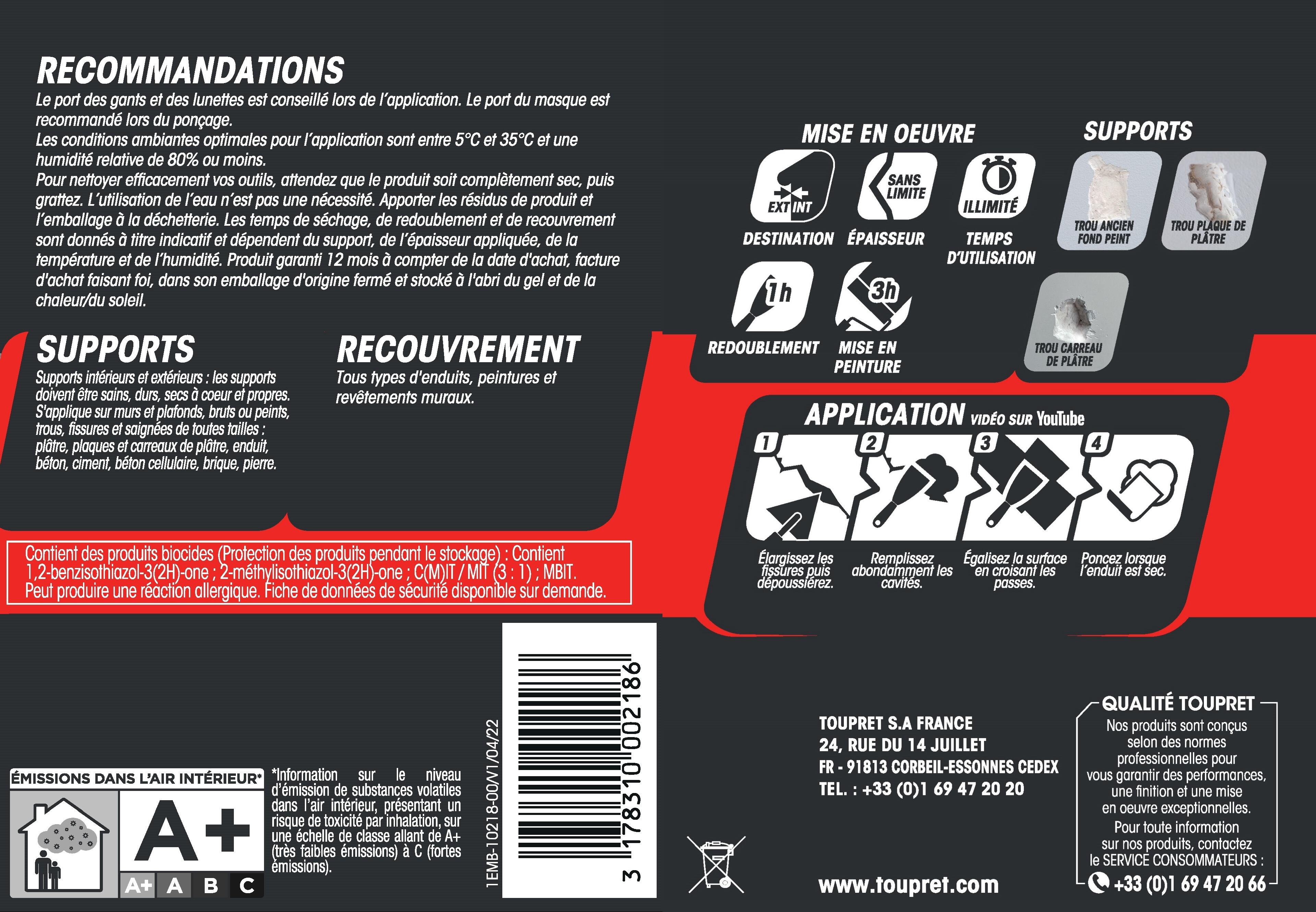 Enduit de rebouchage pâte Reparation express TOUPRET gris clair 1L - 4